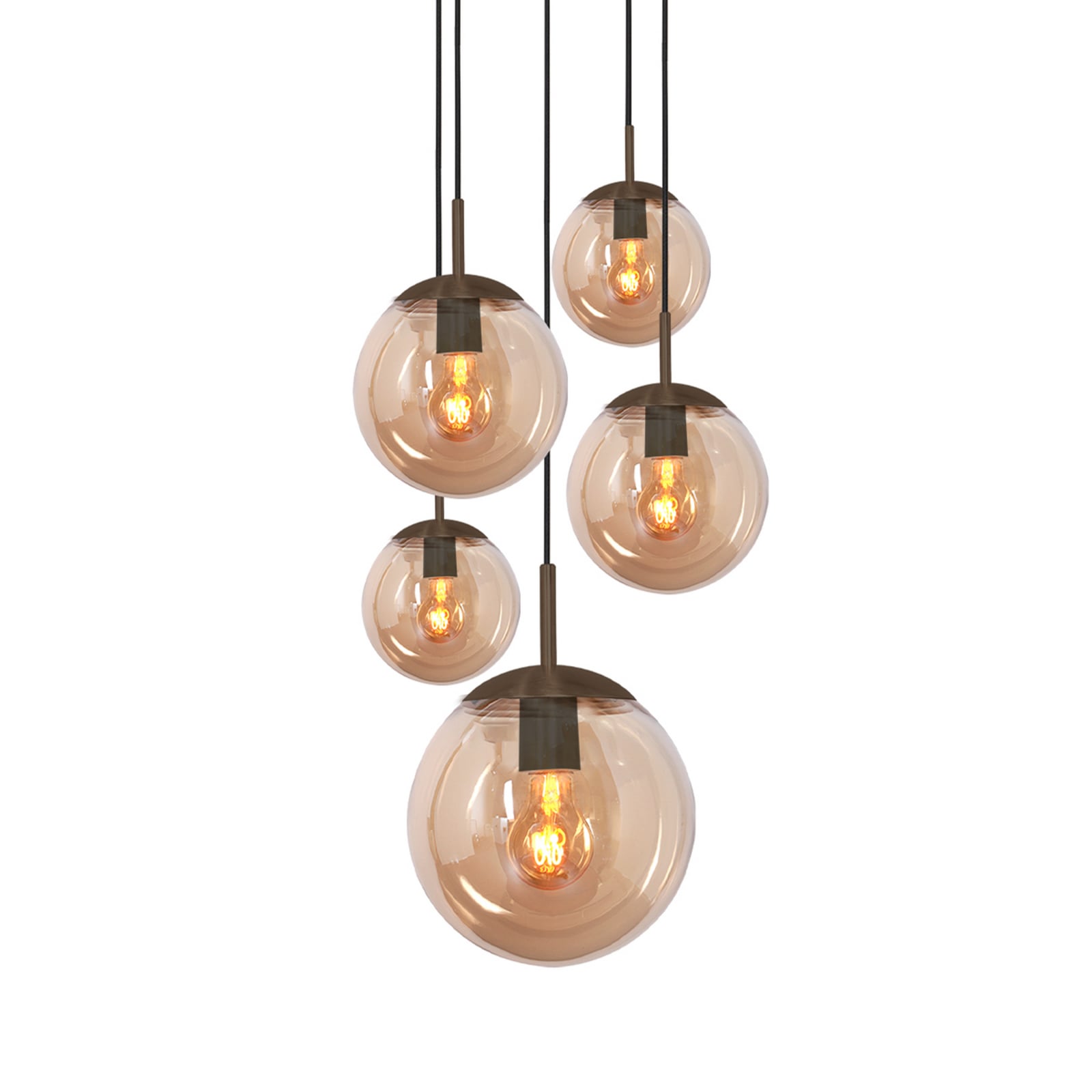 Suspension Bollique, marron/ambre, verre, à 5 lampes