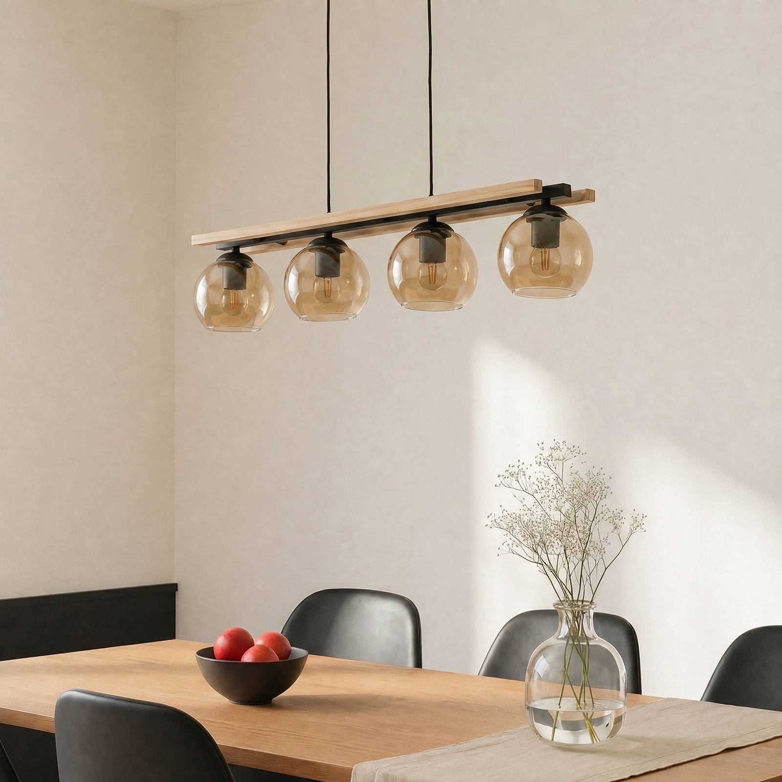 Lampa wisząca Lindby Enrique, bursztynowy, 4-punktowa, szkło, drewno, E27