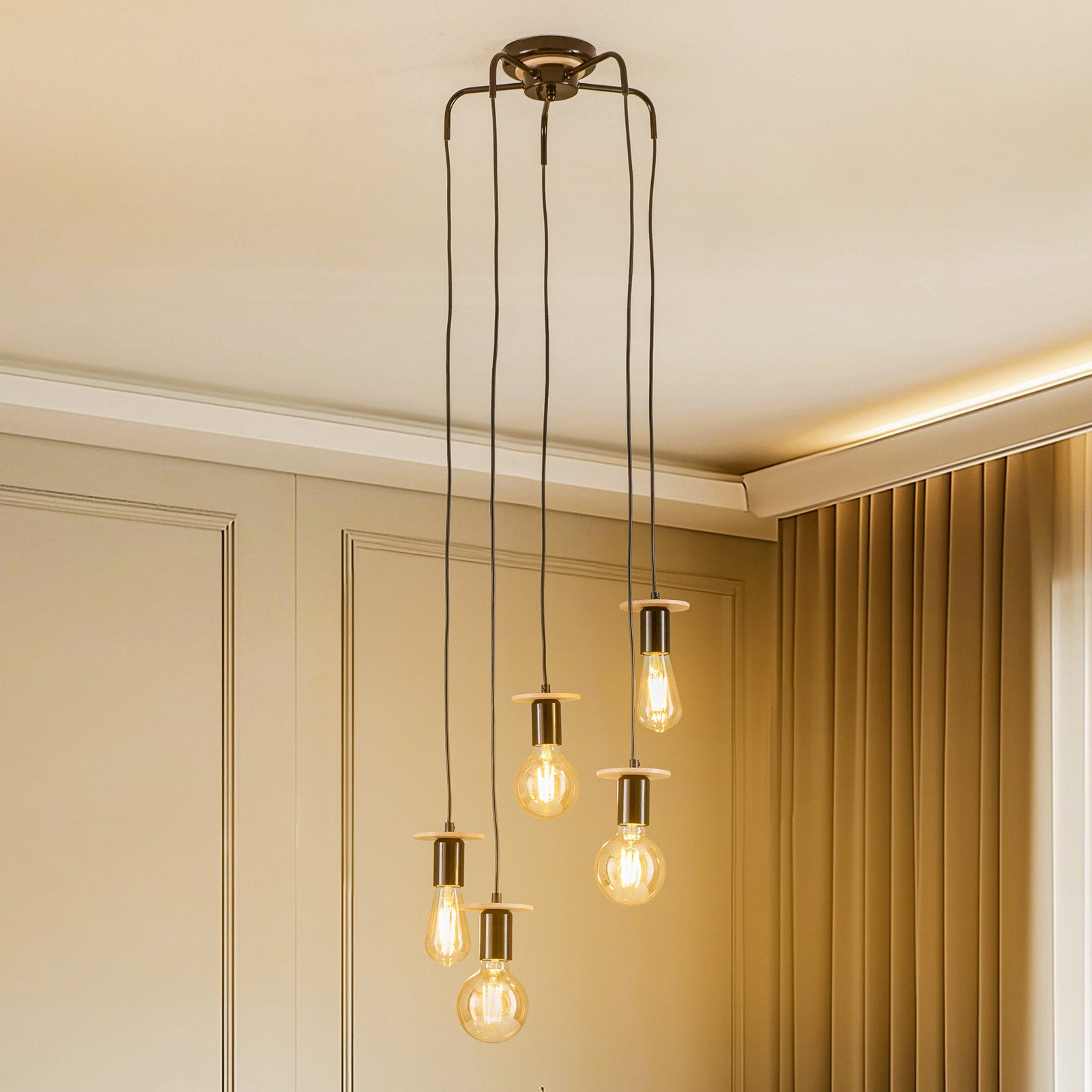 Envostar Yorik lampă suspendată 5 becuri negru/lemn deschis - Camera de zi / sufragerie - Modern - negru lemn deschis - Metal