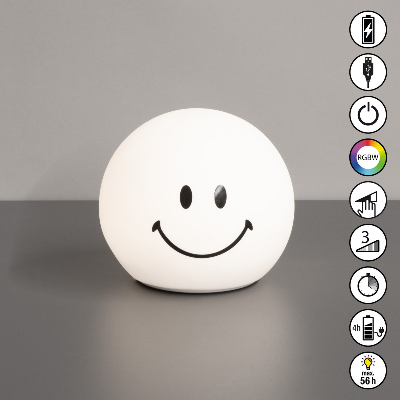 Lampă LED cu baterie Smiley, albă, Ø 13 cm, silicon