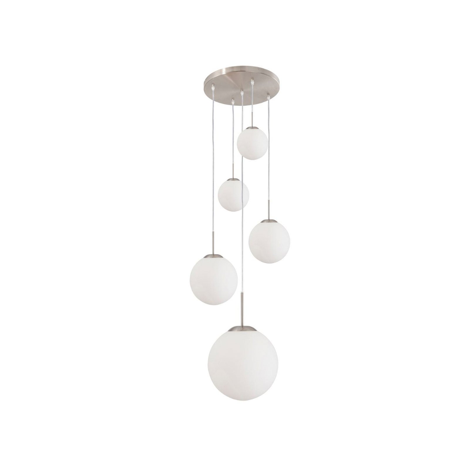 Suspension Bollique, acier, blanc opalin, verre, 5 lampes rondes