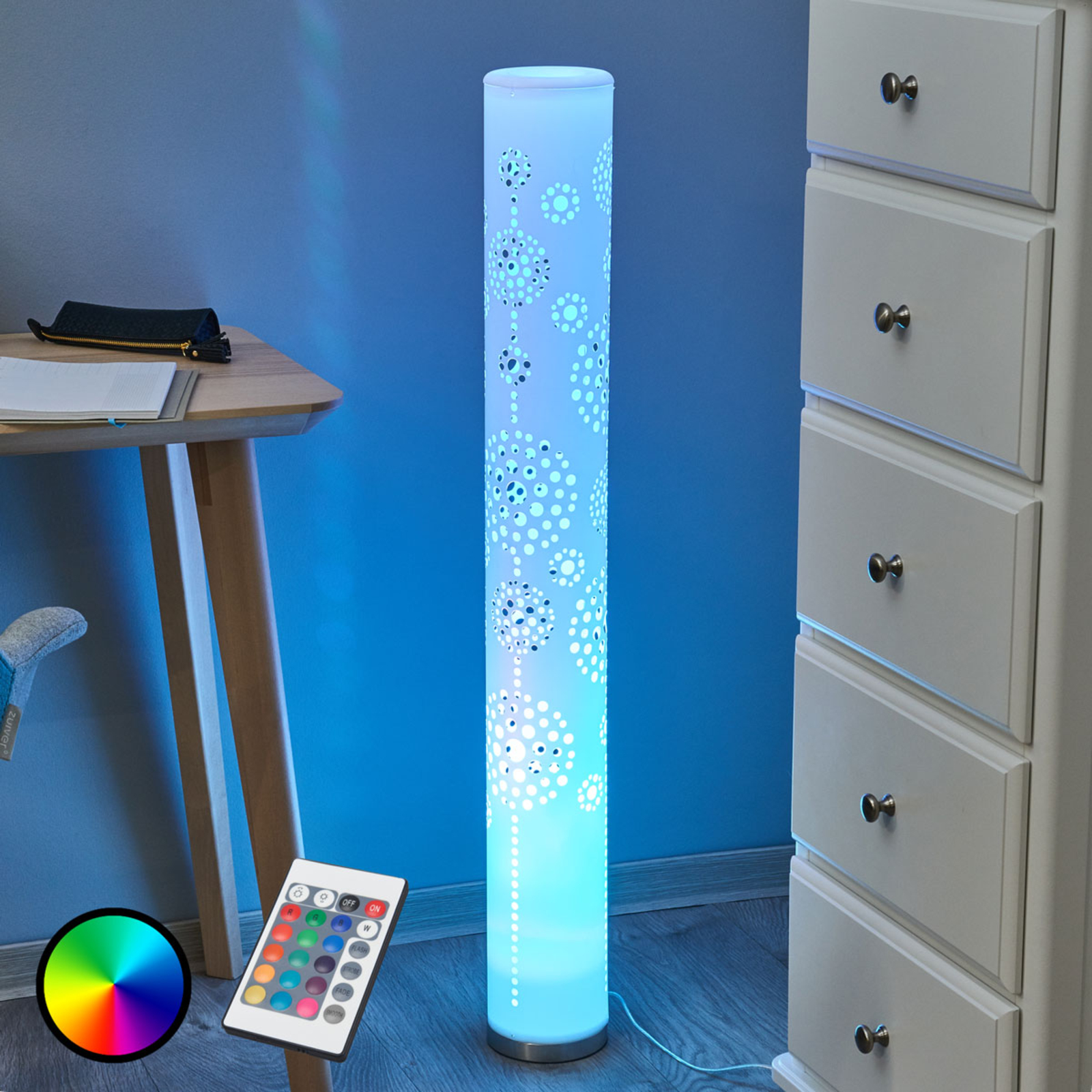 Dekorative LED-Stehlampe Mirella, RGB mit Fernbed.