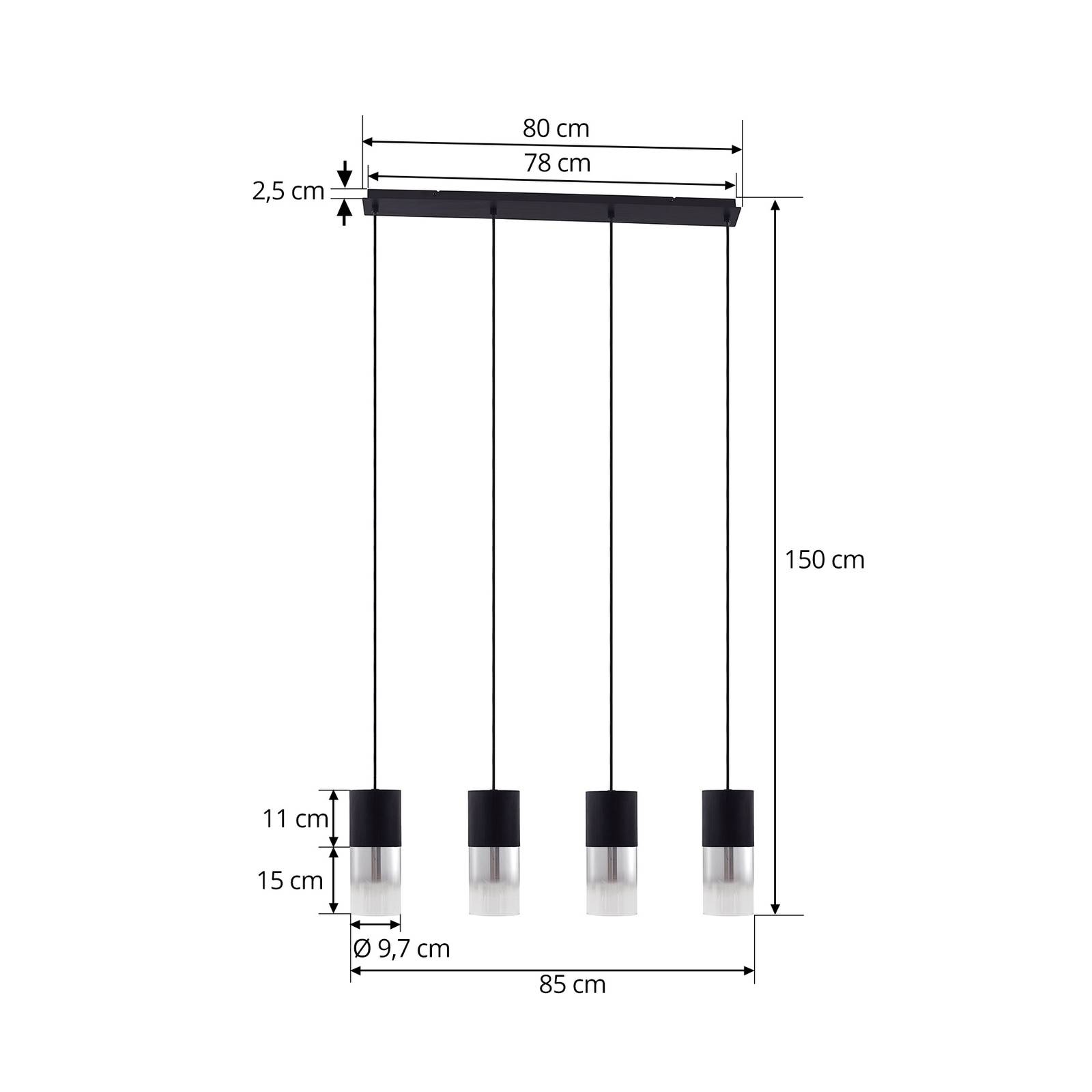 Lampa wisząca Lindby Svante, 4-punktowa, czarna, szkło, 85 cm