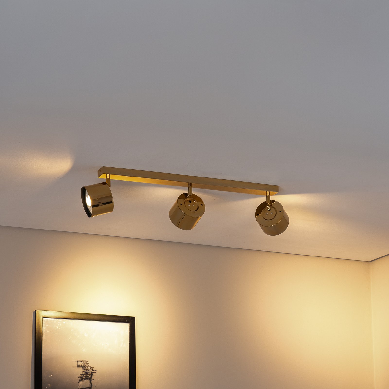 Chloe adjustable downlight, 3-bulb, brass-coloured steel