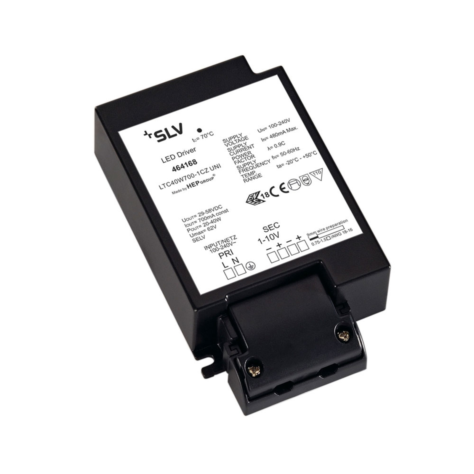 SLV LED driver 700 mA/40 W with strain relief, plastic, L: 12.9 cm, W: 7.5 cm, H: 3.2 cm