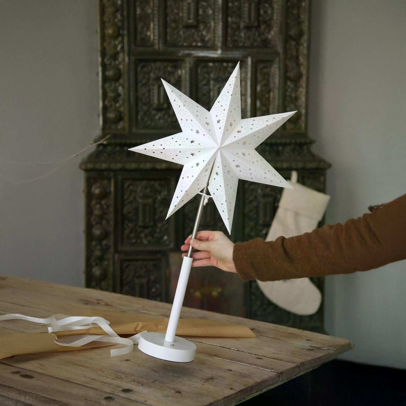 LED-Akku-Papierstern Noella, stahl/weiß, Höhe 62 cm LED-Akku-Papierstern Noella, stahl/weiß, Höhe 62 cm