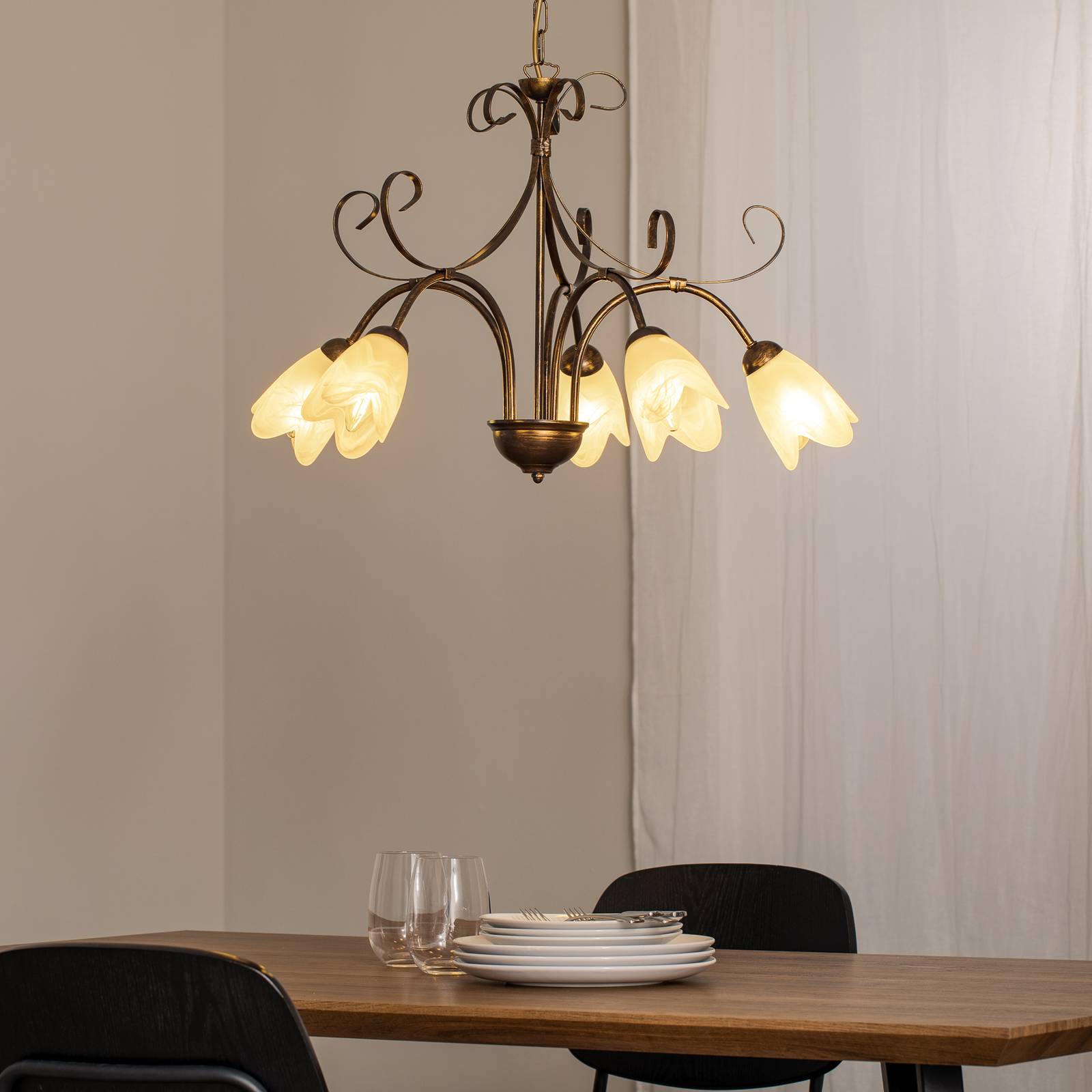Hängeleuchte Odino, fünfflammig, bronzefarben, Metall, Glas günstig online kaufen