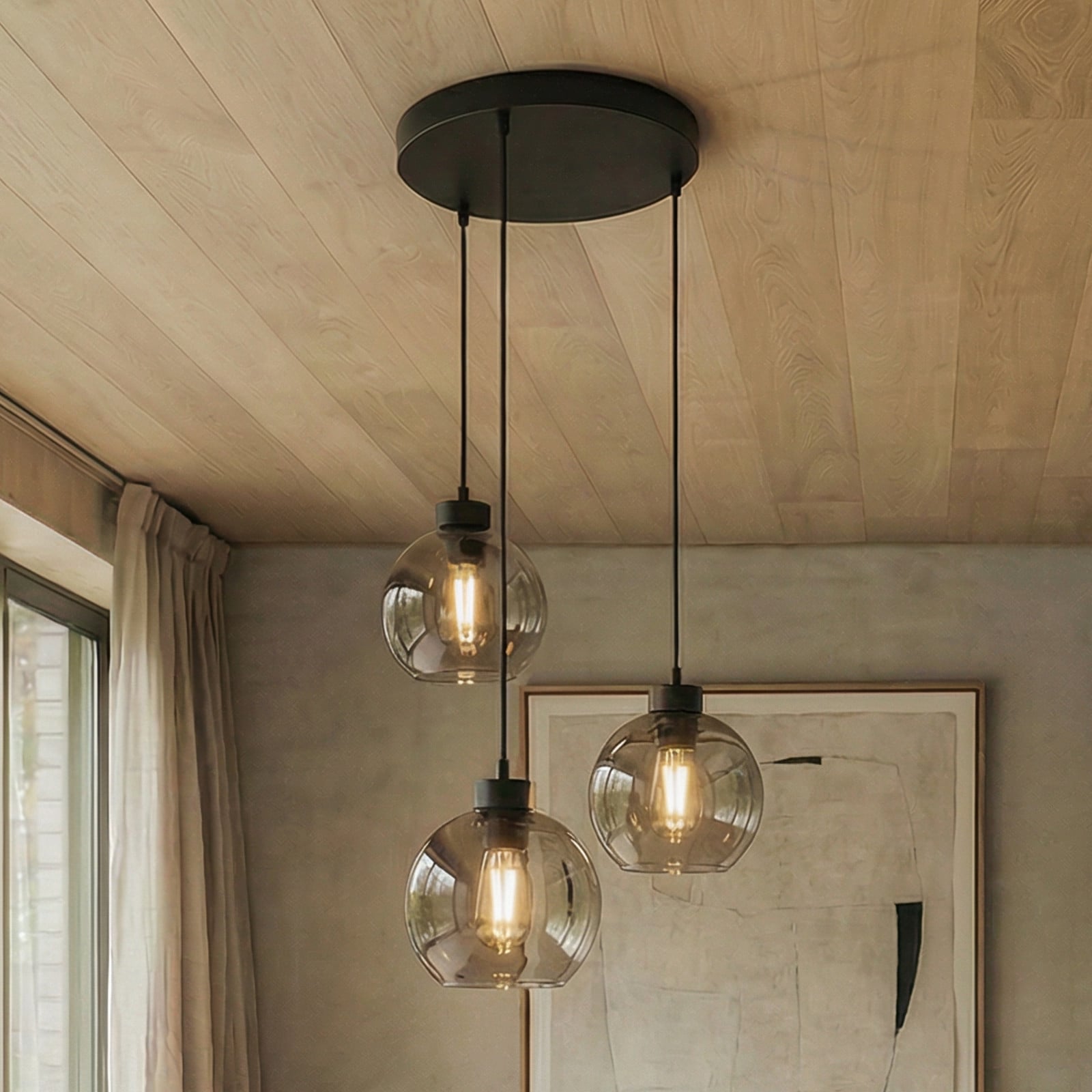 TK Lighting Lampă suspendată Cubus Ø 50 cm 3 becuri gri fumuriu sticlă - Camera de zi / sufragerie - modern - gri fumuriu-transparent negru