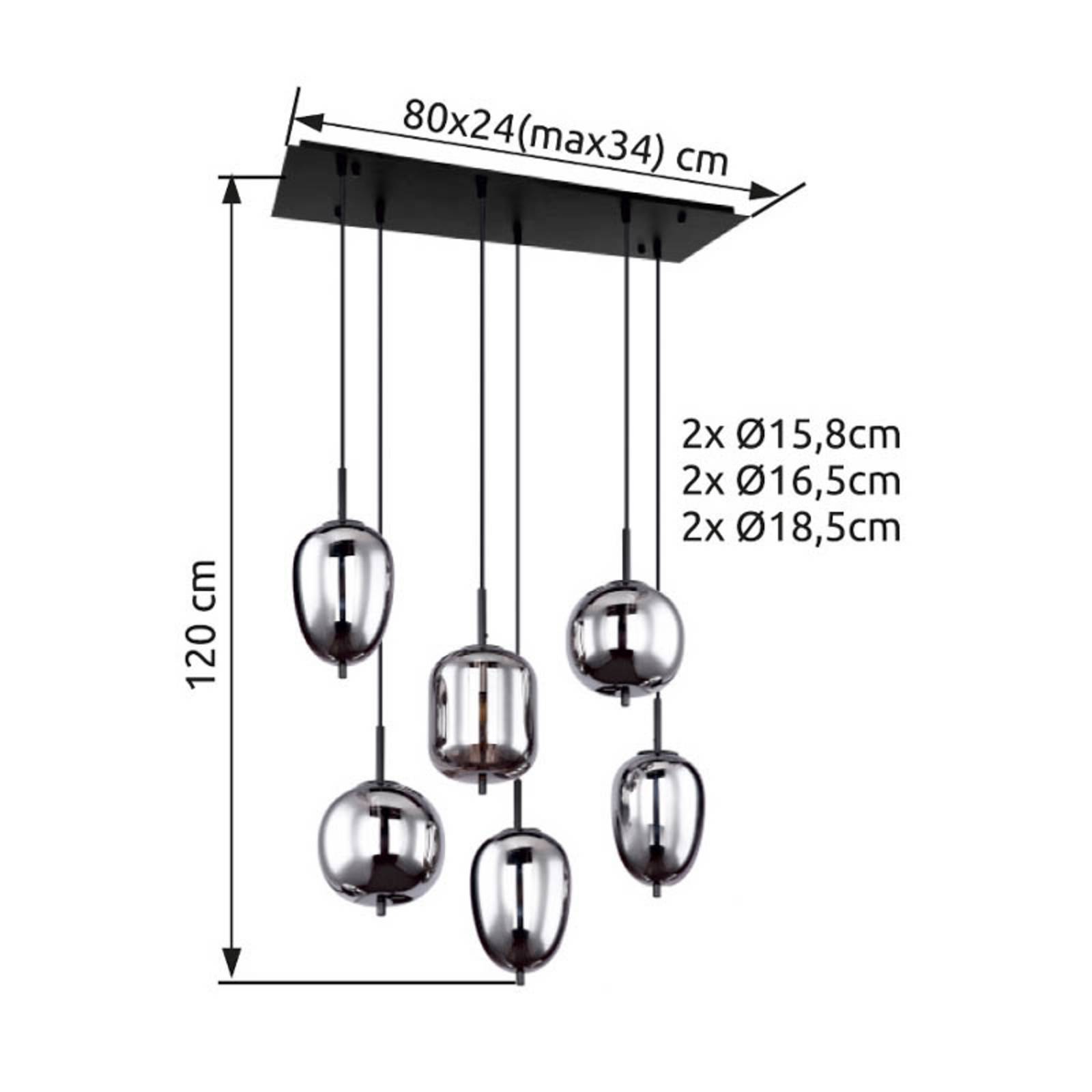 Lampa wisząca Blacky, czarny/dymny szary, długość 80 cm, 6-punktowa.