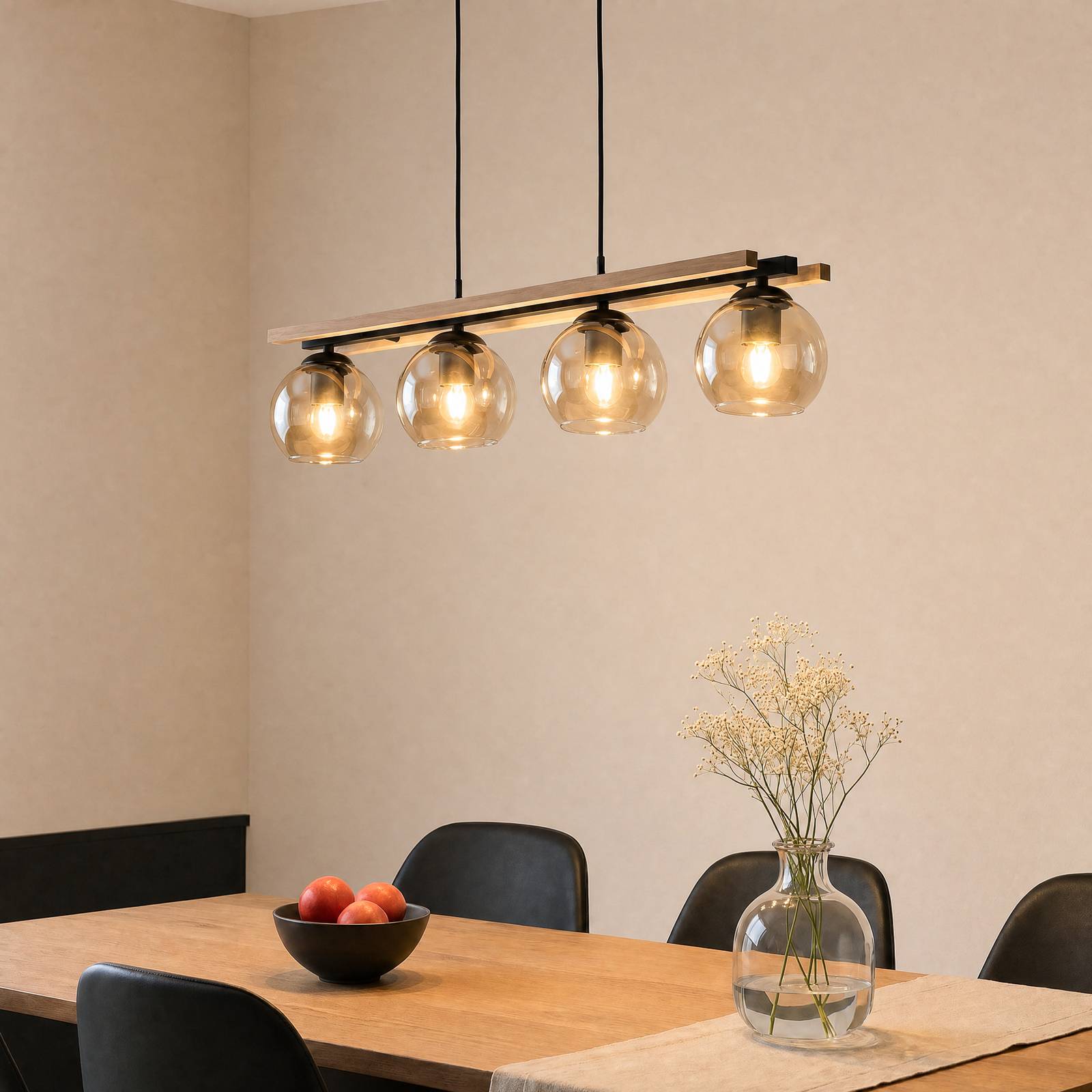 Lindby hanglamp Enrique, amber, 4-lamps, glas, hout, E27