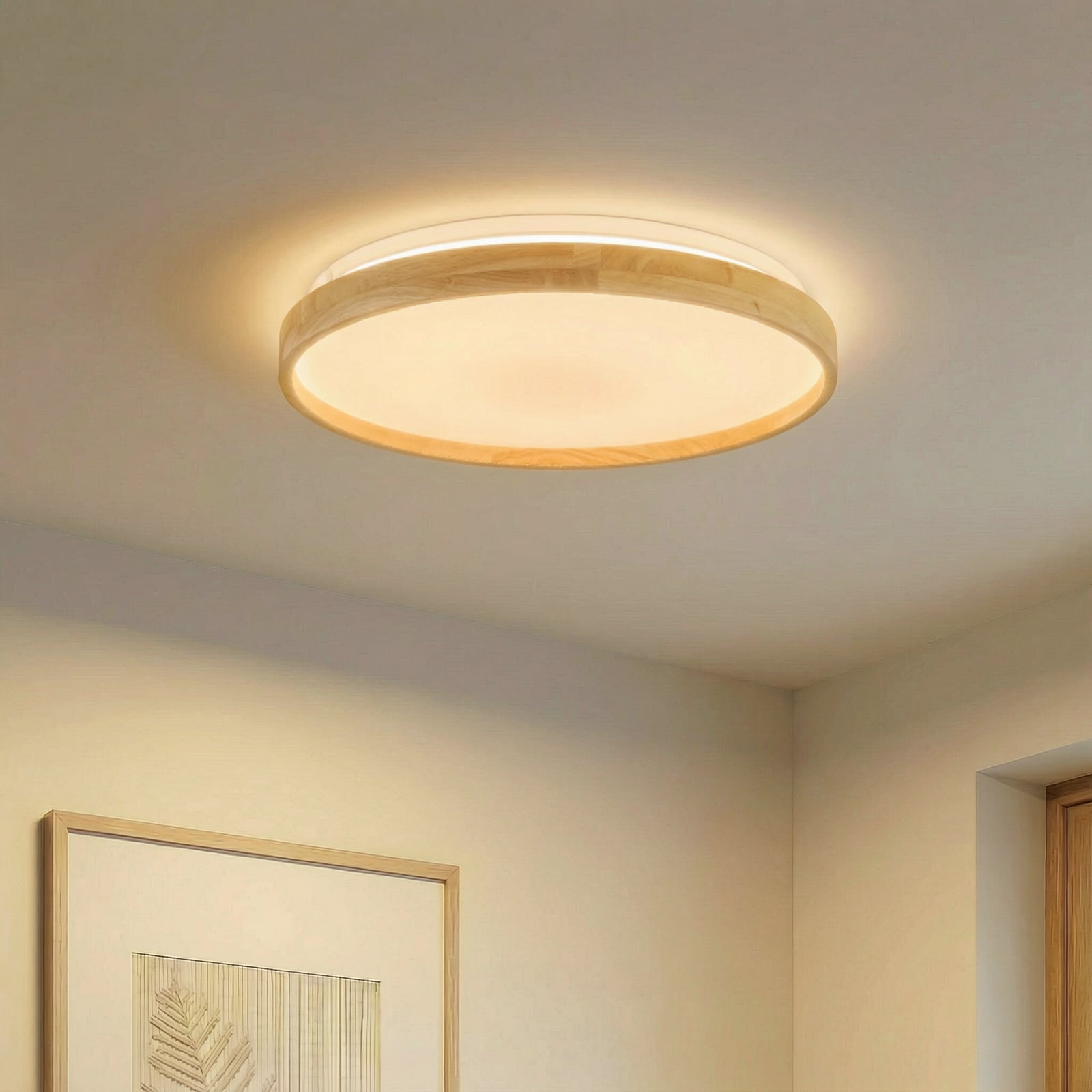 Lindby Smart Plafonnier LED Mirren Bois Ø49,5cm CCT Tuya