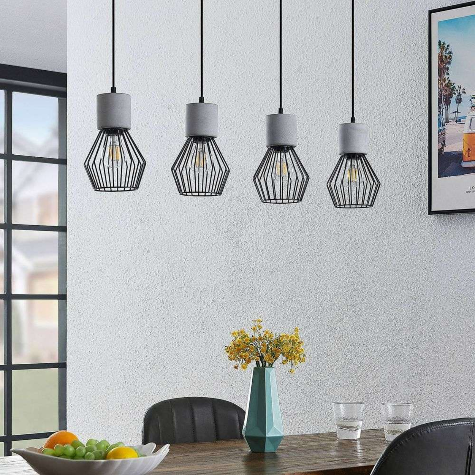 Tamalin 4 Pendant Black/Concrete - Lindby