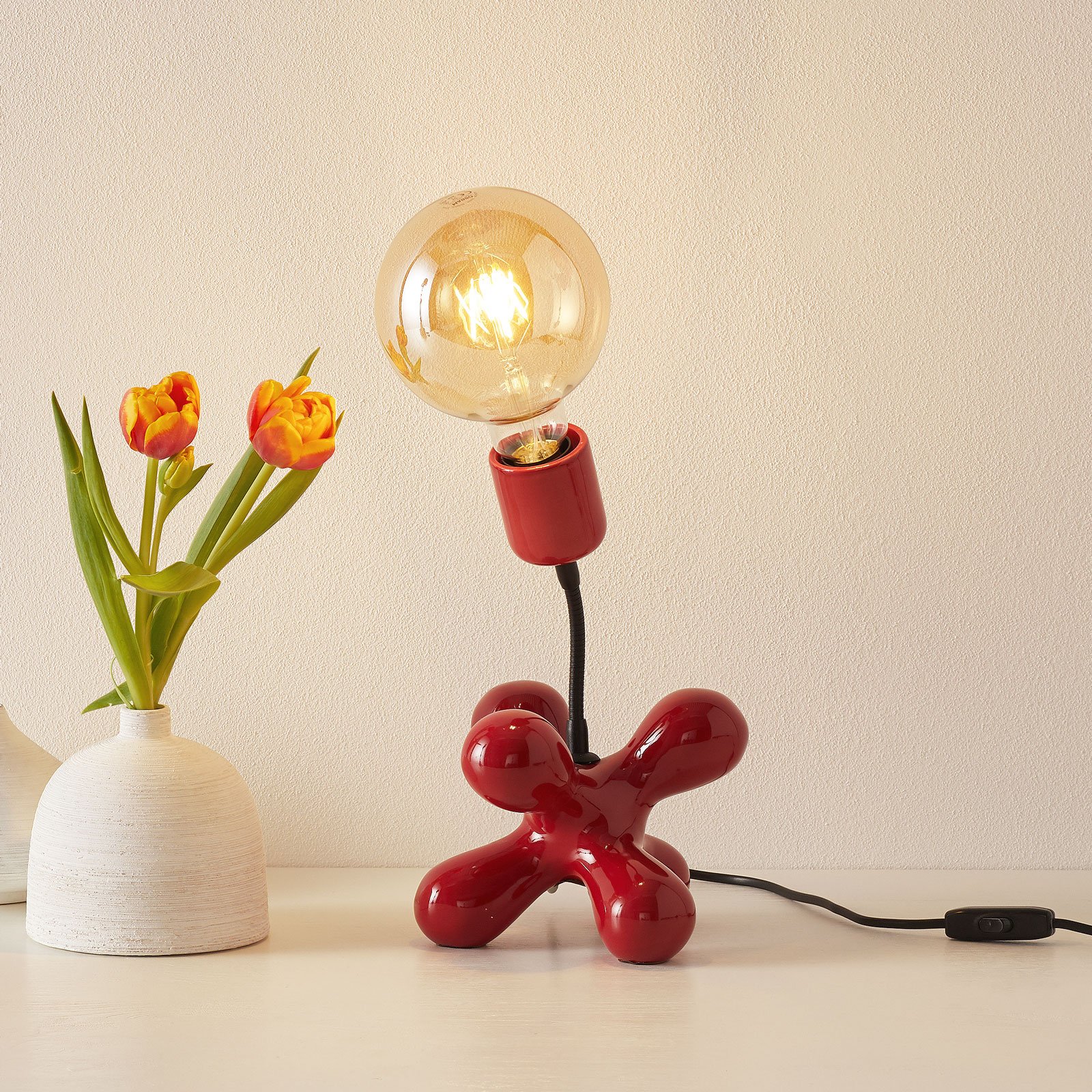 Eurokeramic L181 ceramic table lamp, flexible arm, glossy red, for Living / Dining Room, ceramic, E27, 60 W, energy efficiency: A++, W: 28 cm