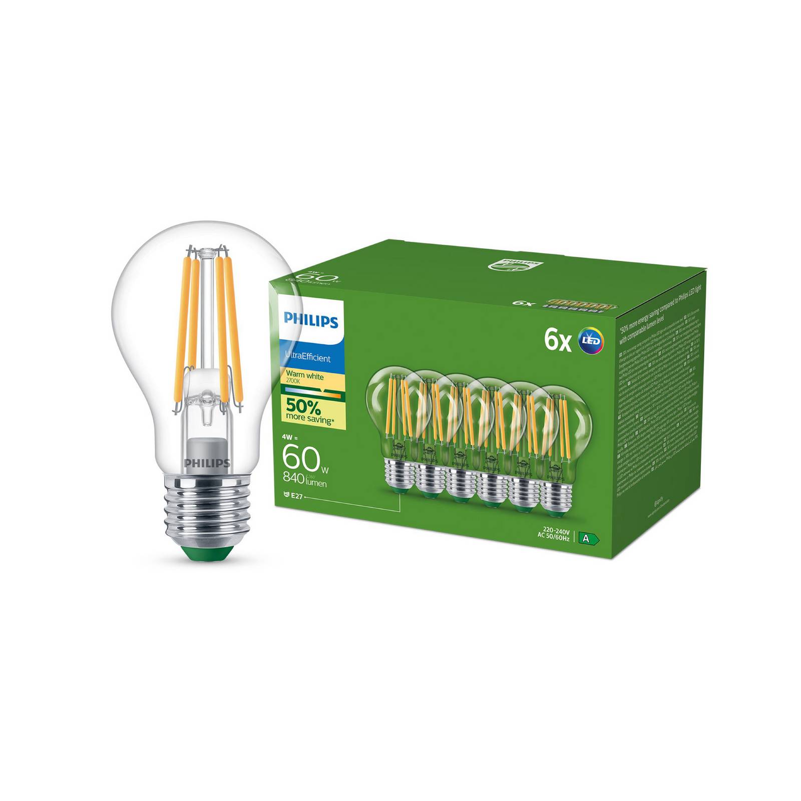 Philips E27 LED-Lampe A60 4W 840lm 2700K Filament 6er-Pack