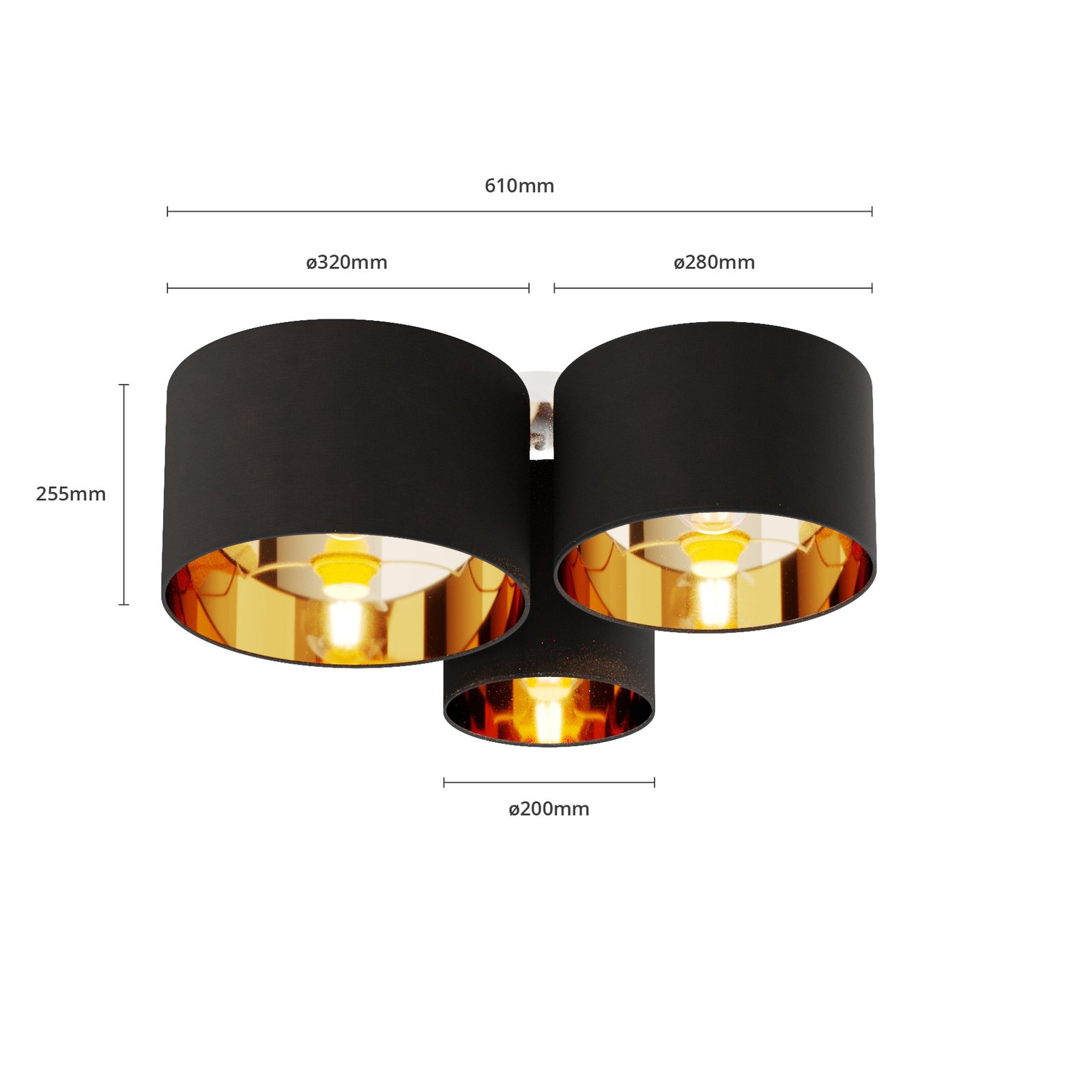 Lindby Laurenz plafonnier, 3 lampes, noir-doré