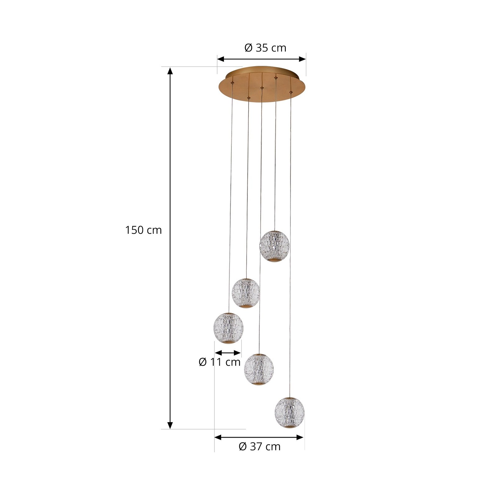 Lucande Suspension LED Ismenia, 5 lampes, laiton, acrylique