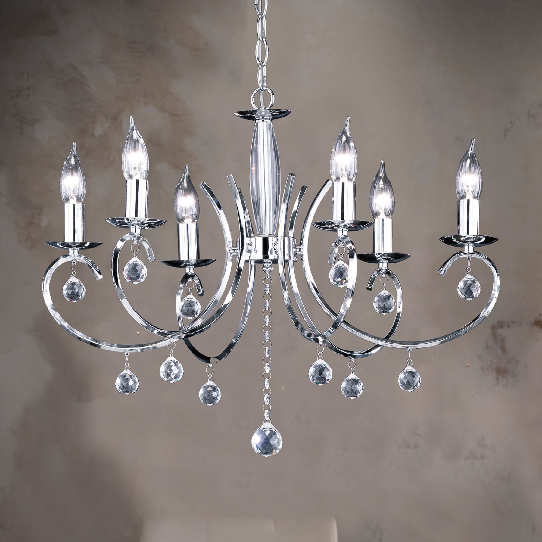 Fischer & Honsel Sala Chandelier Six Bulbs Chrome, for Living / Dining Room, Metal, glass, E14, 28 W, energy efficiency: A++, H: 45 cm