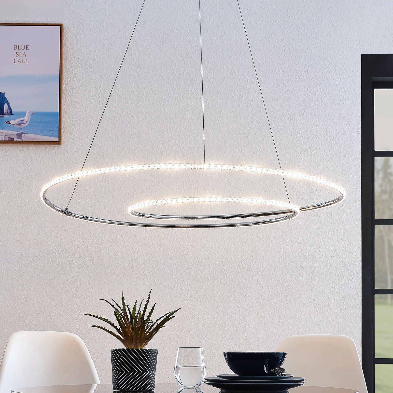 Lindby Lucy LED hanging light, 90 cm, crystal, for Living / Dining Room, metal, aluminium, crystal, 37 W, energy efficiency: A+