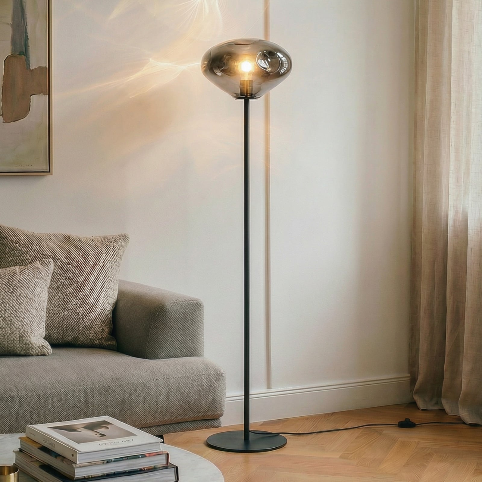 Lindby Lampadar Lelia gri fumuriu sticlă metal 150 cm - Camera de zi / sufragerie - Design - gri fumuriu negru nisipiu