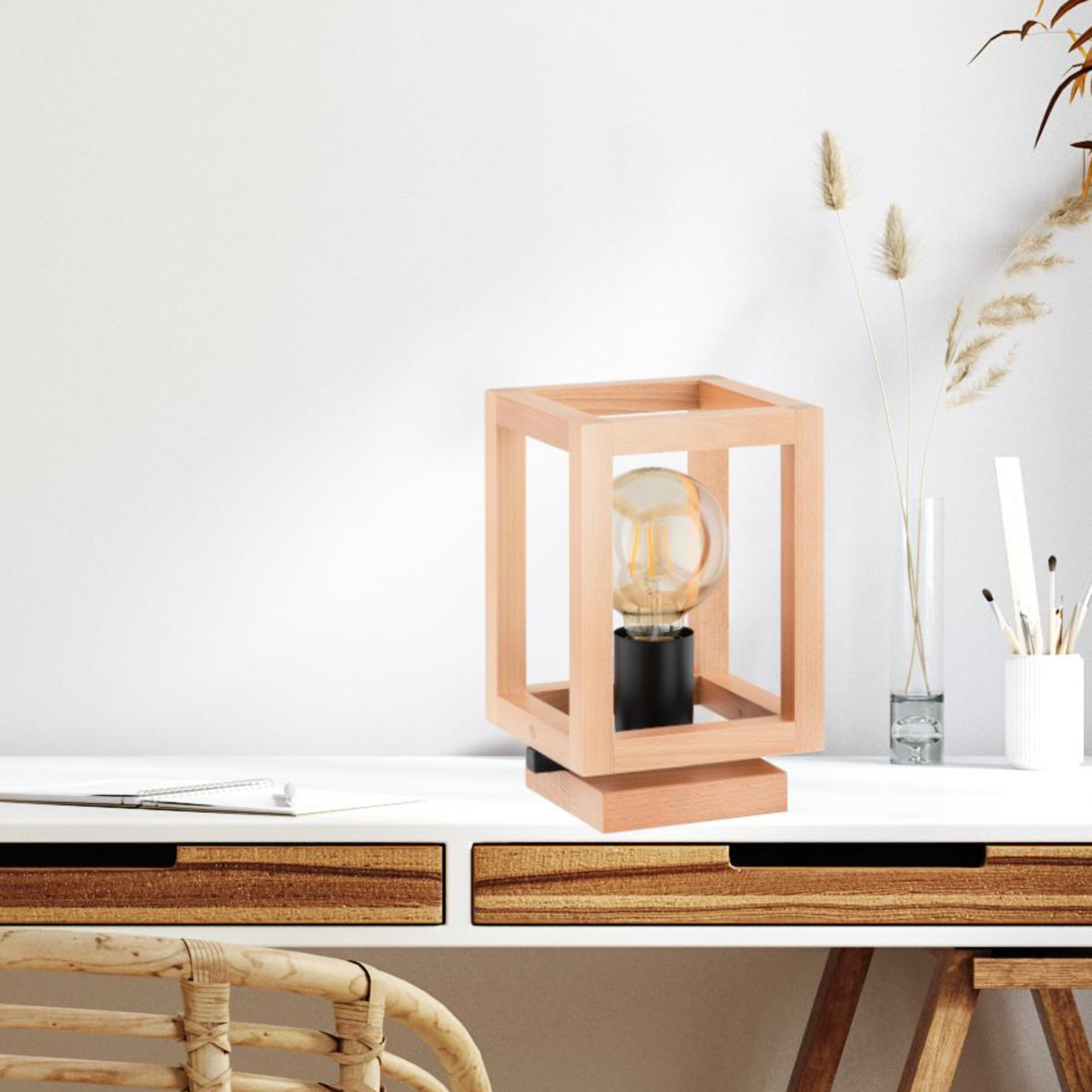 Pako lámpara de mesa, forma de jaula, cubo, madera, 16 x 16 x 25 cm