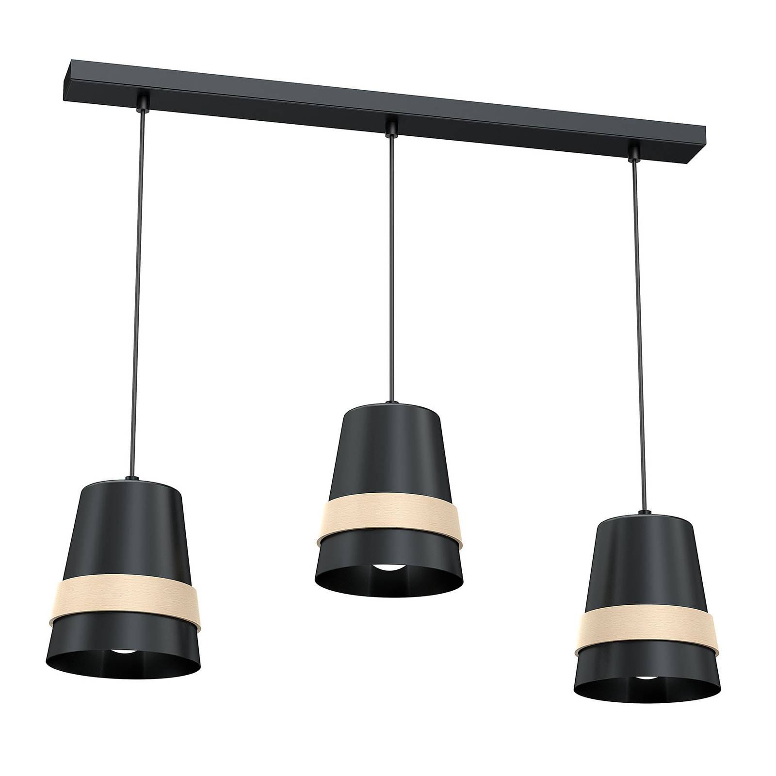 Venezia hanging lamp, wooden ring 3-bulb linear