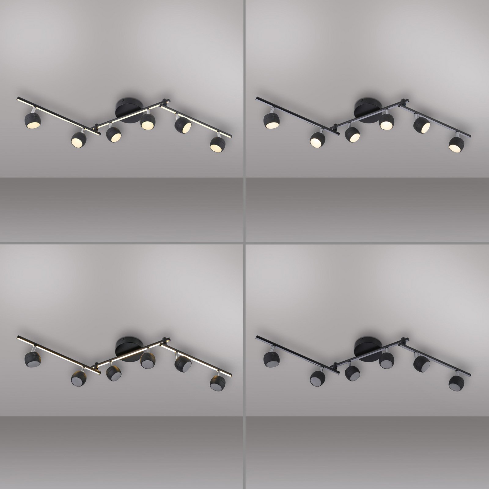 JUST LIGHT. LED-kattospotti Jarik, 6-lamppuinen, musta, 3 000 K