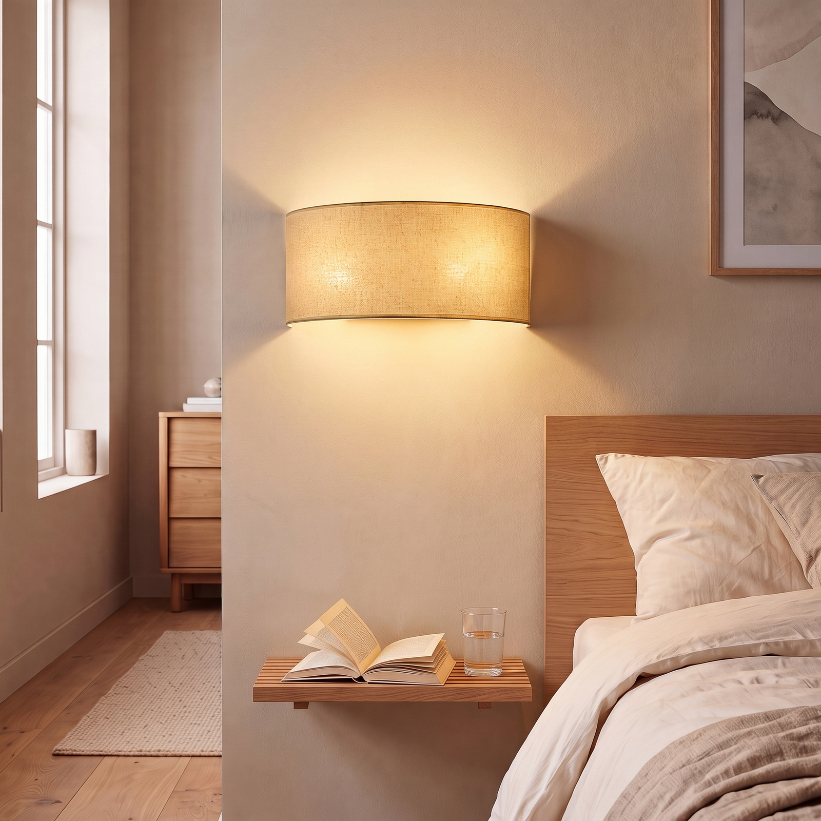 Wandlamp Nature, crème, breedte 40 cm, textiel, omhoog/omlaag