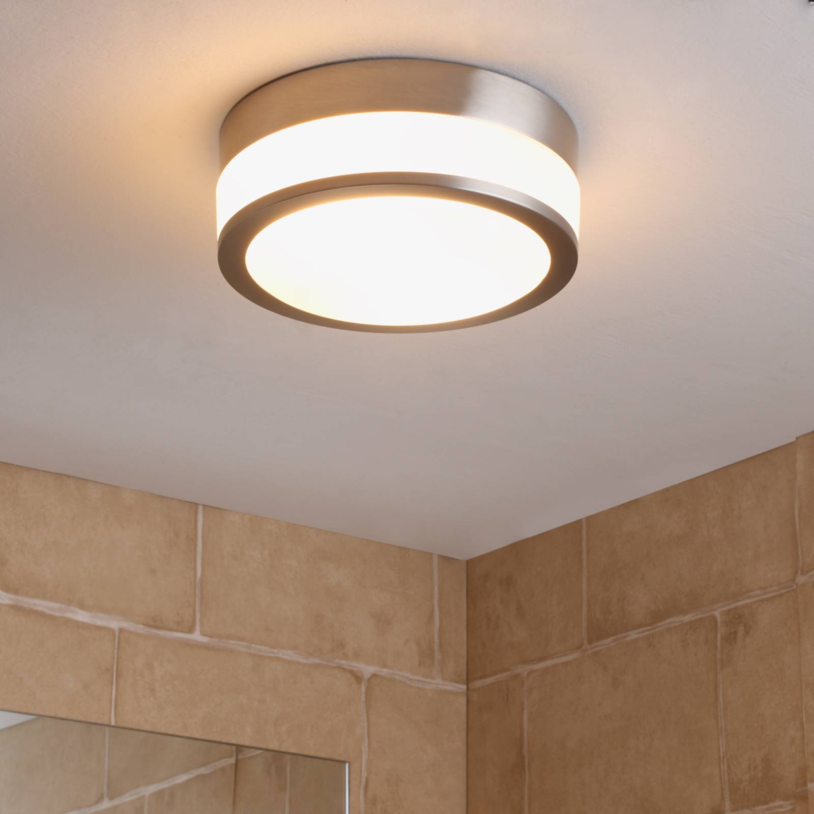 Lindby Flavi bathroom ceiling lamp, Ø 23 cm nickel, for Bathroom, glass, metal, E27, 60 W, energy efficiency: A++, H: 9 cm