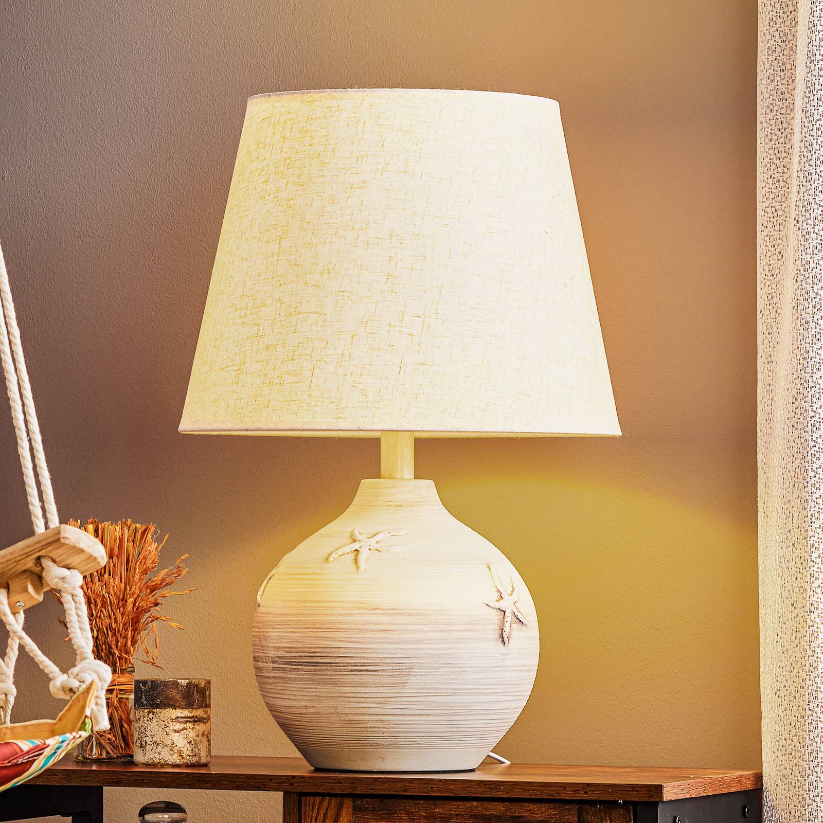 Euluna Marina table lamp, 61 cm high, starfish decoration, for Living / Dining Room, fabric, ceramic, E27, 22 W, H: 61 cm