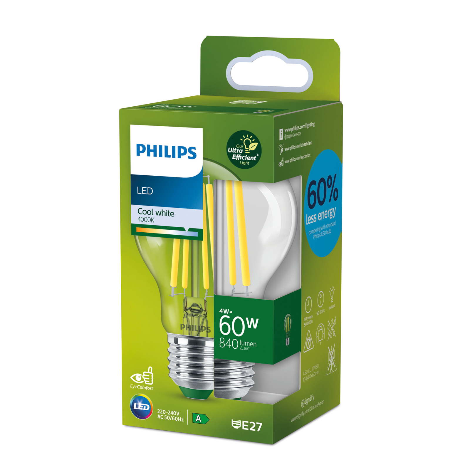 Philips E27 LED bulb A60 4W 840lm 4,000K clear