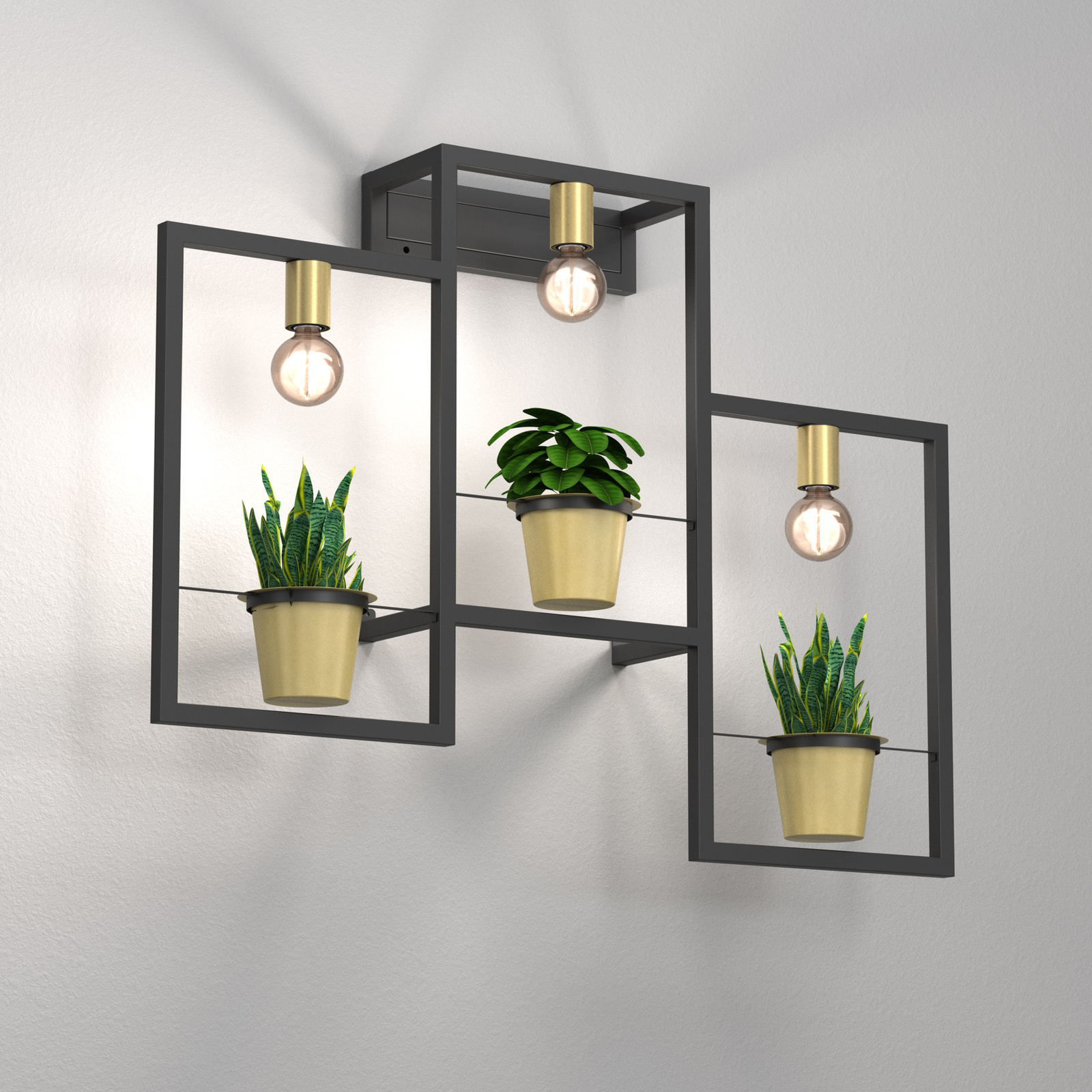 Aplique de pared Flores, 3 luces, negro/oro, con enchufe