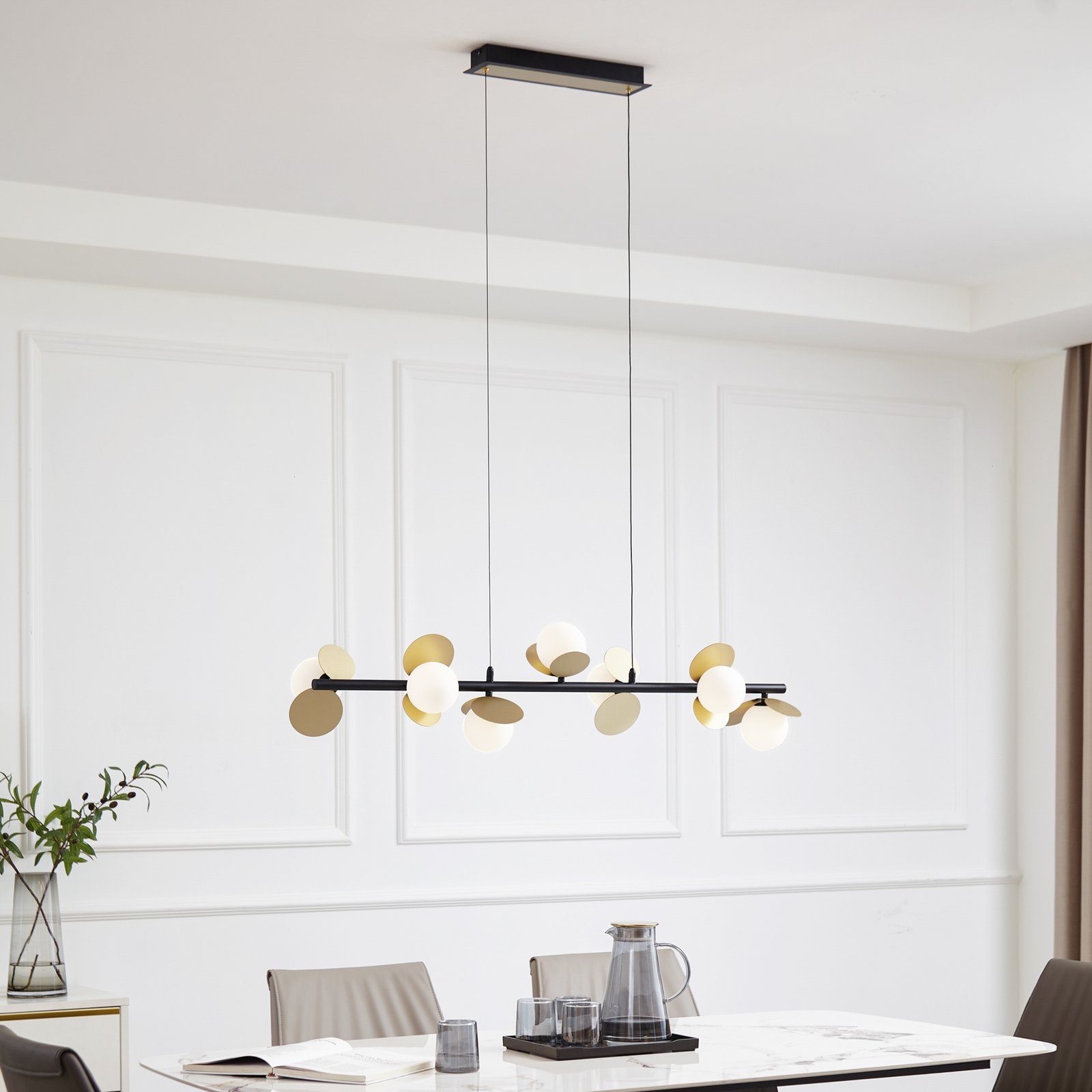 Lucande LED hanging light Pallo, 7-bulb, black/gold, glass