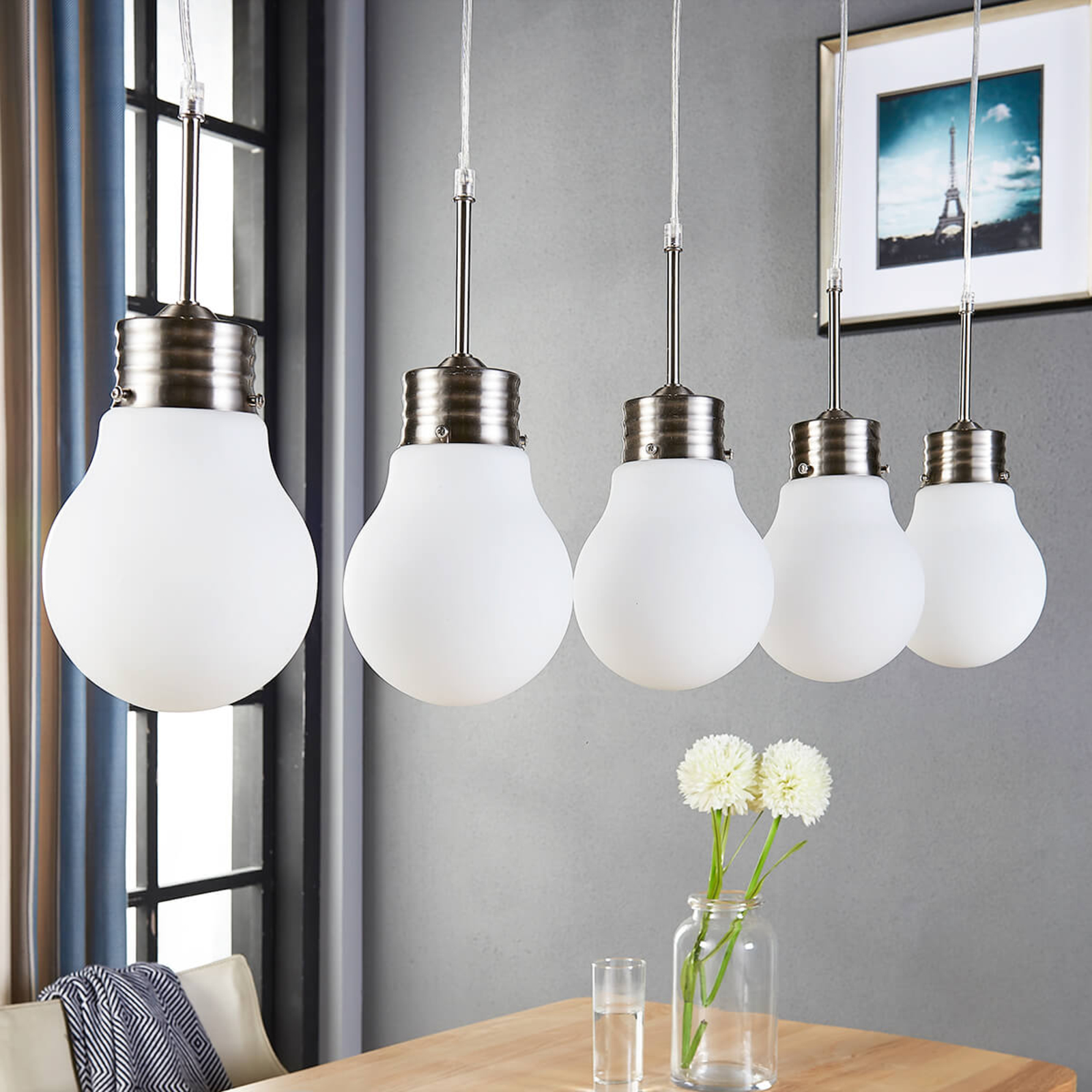 Lindby hanglamp Bado, 5-lamps, metaal, glas, E14, 100 cm
