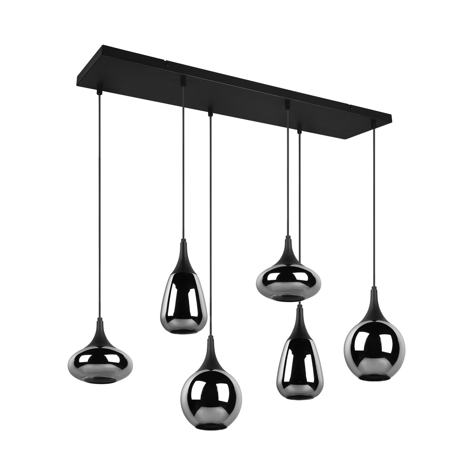 LUMINA pendant light, 6-bulb, black/chrome, glass