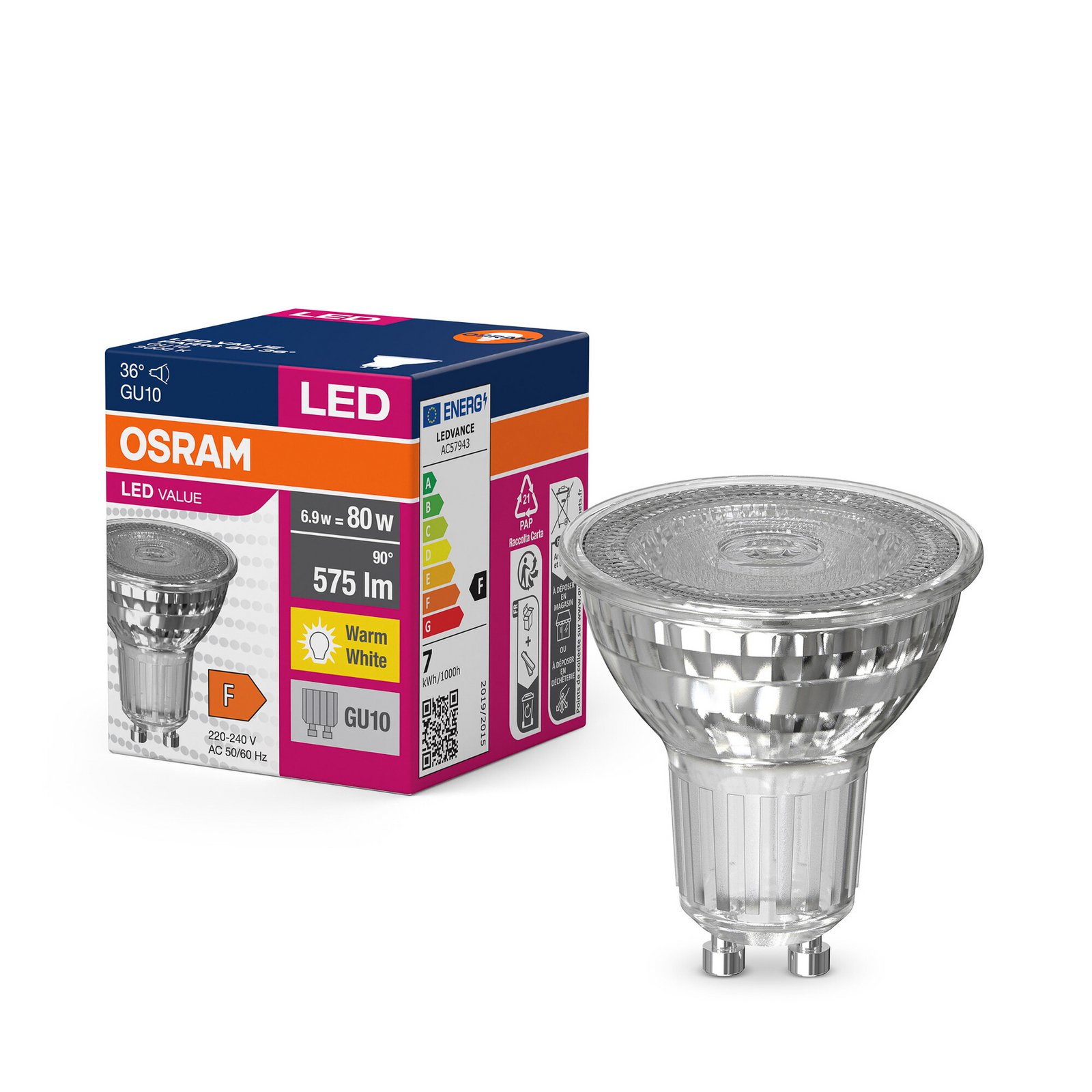 OSRAM LED spuldze ar atstarotāju GU10 6,9W 36° 830 caurspīdīga