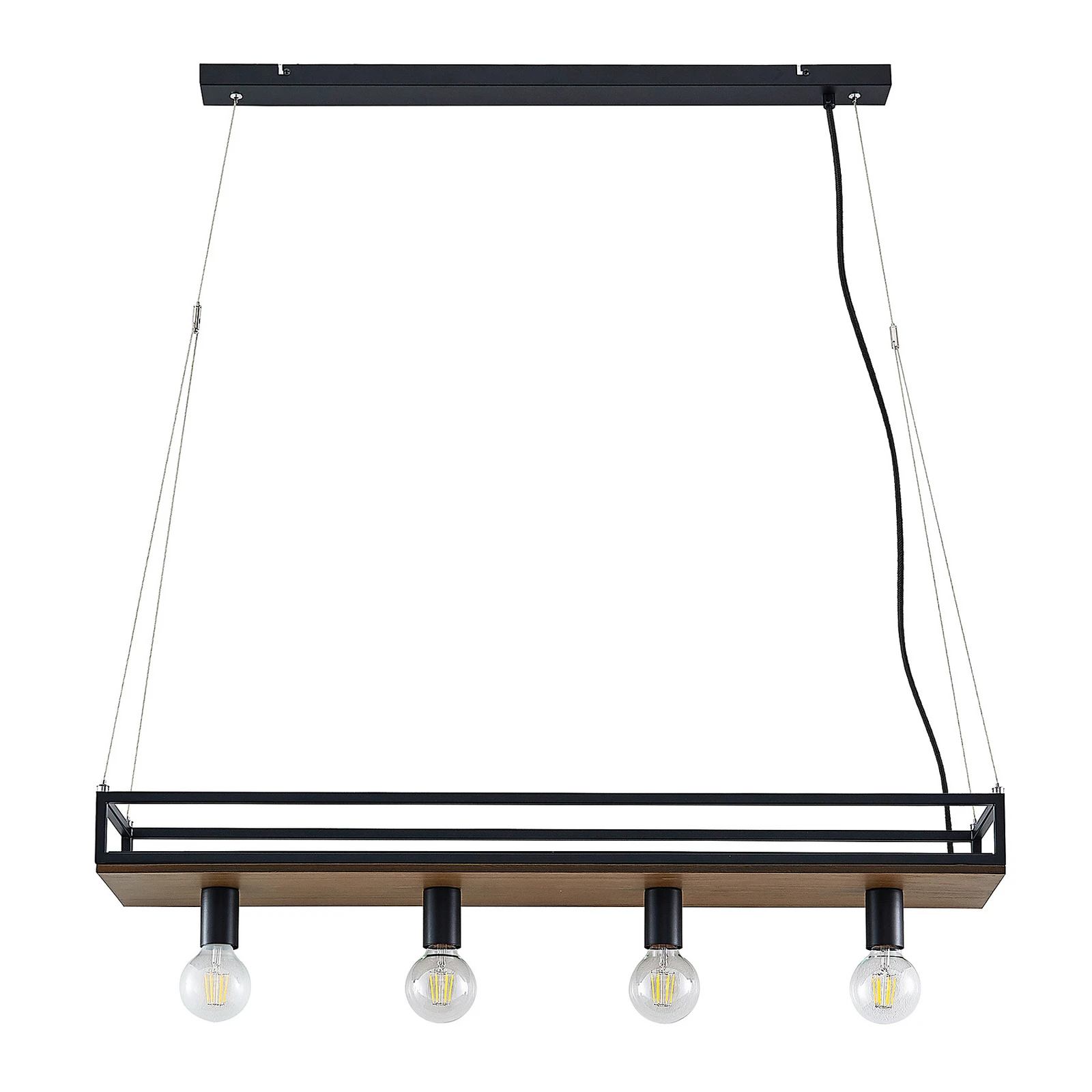 Lindby Hängelampe Kirista, 4-flg., schwarz/Holz, 100 cm, E27