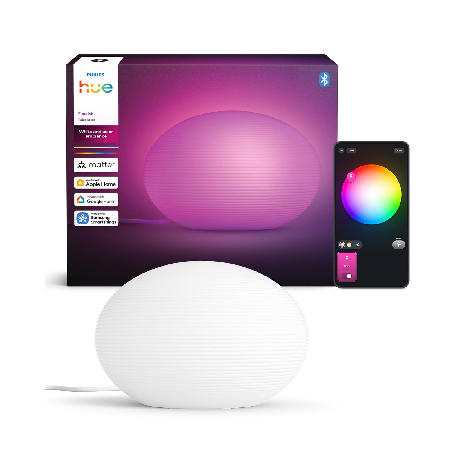 Philips Hue okosotthon LED asztali lámpa Flourish, fehér, RGBW, CCT
