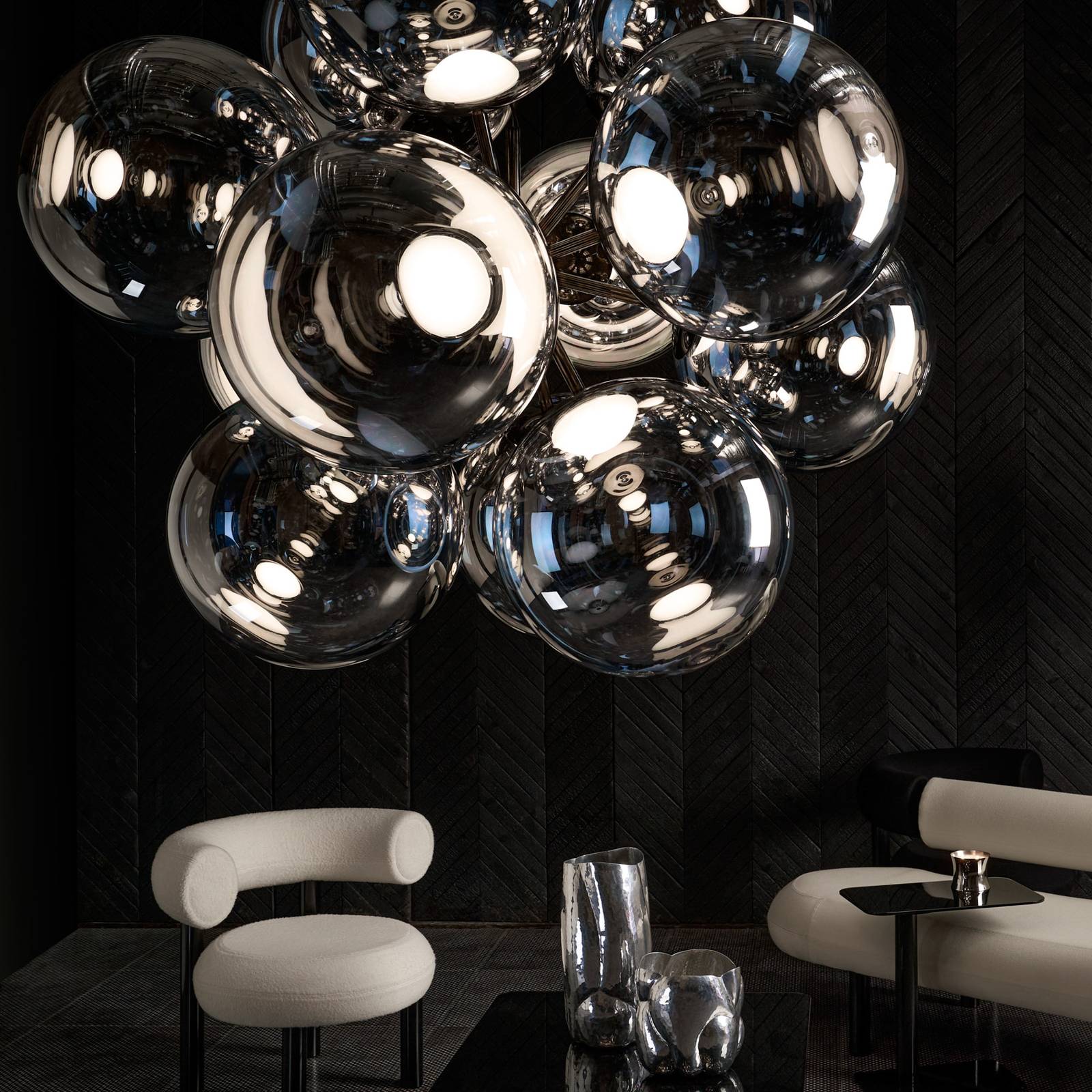 Tom Dixon Globe Burst chandelier chrome, for Living / Dining Room, polycarbonate, steel, carbon, 6 W