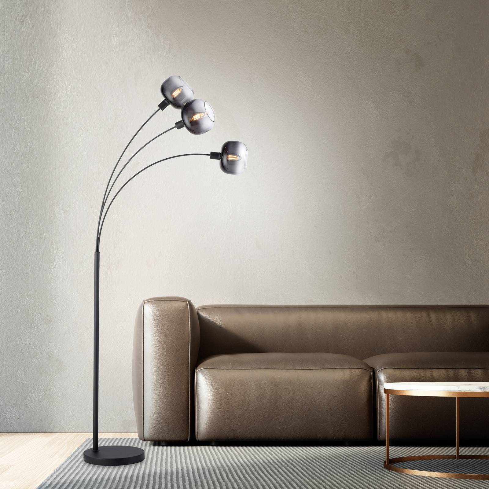 Gulvlampe Zea, 3 lyskilder, røykgrå/svart, glass, E14