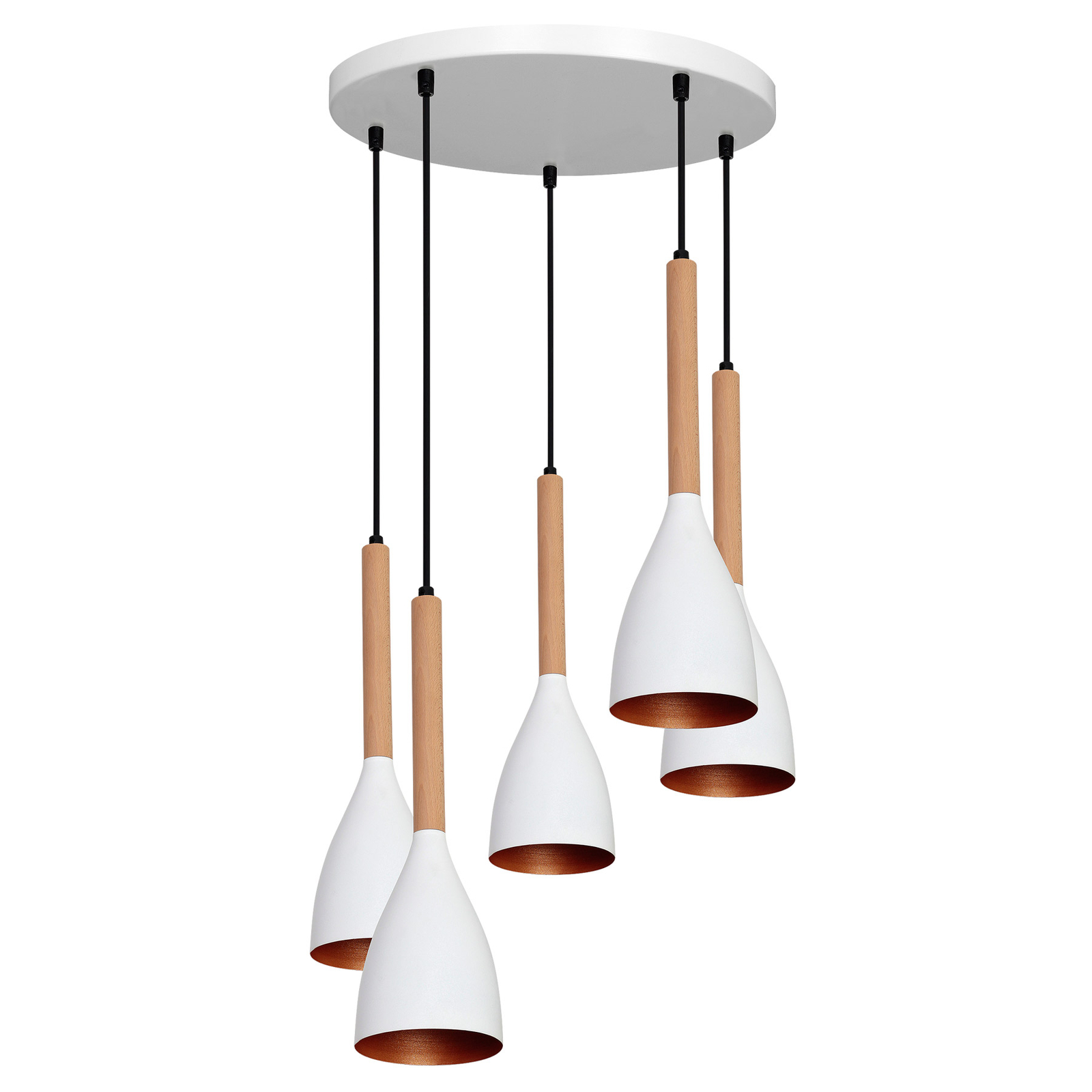 Suspension Muza 5 lampes ronde blanc/or/bois clair