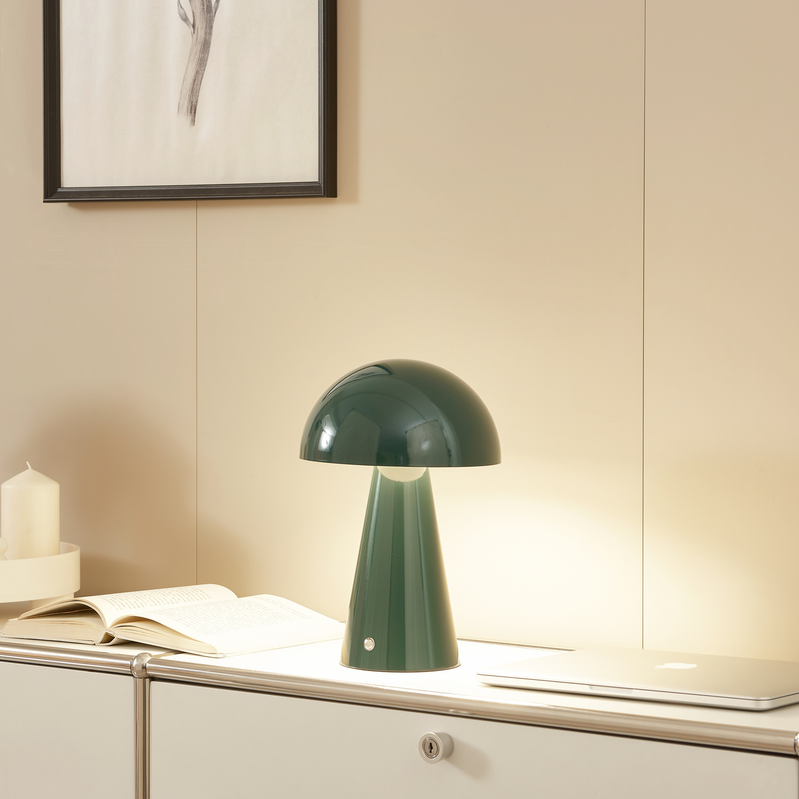 Lindby LED rechargeable table lamp Nevijo, green, Ø20 cm, USB, dimmable