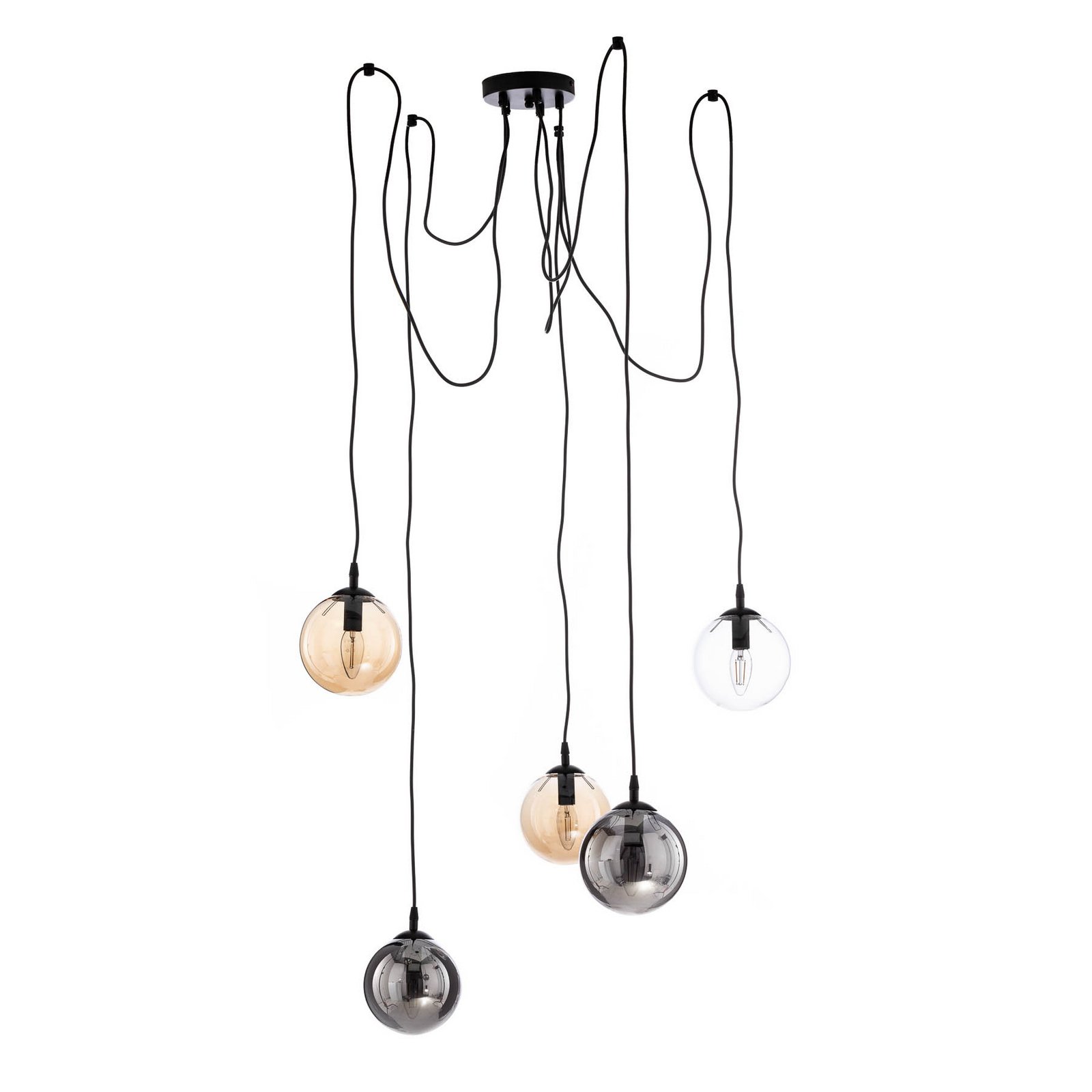 Glassy pendant light, 5-bulb, black, graphite/amber/clear, E14