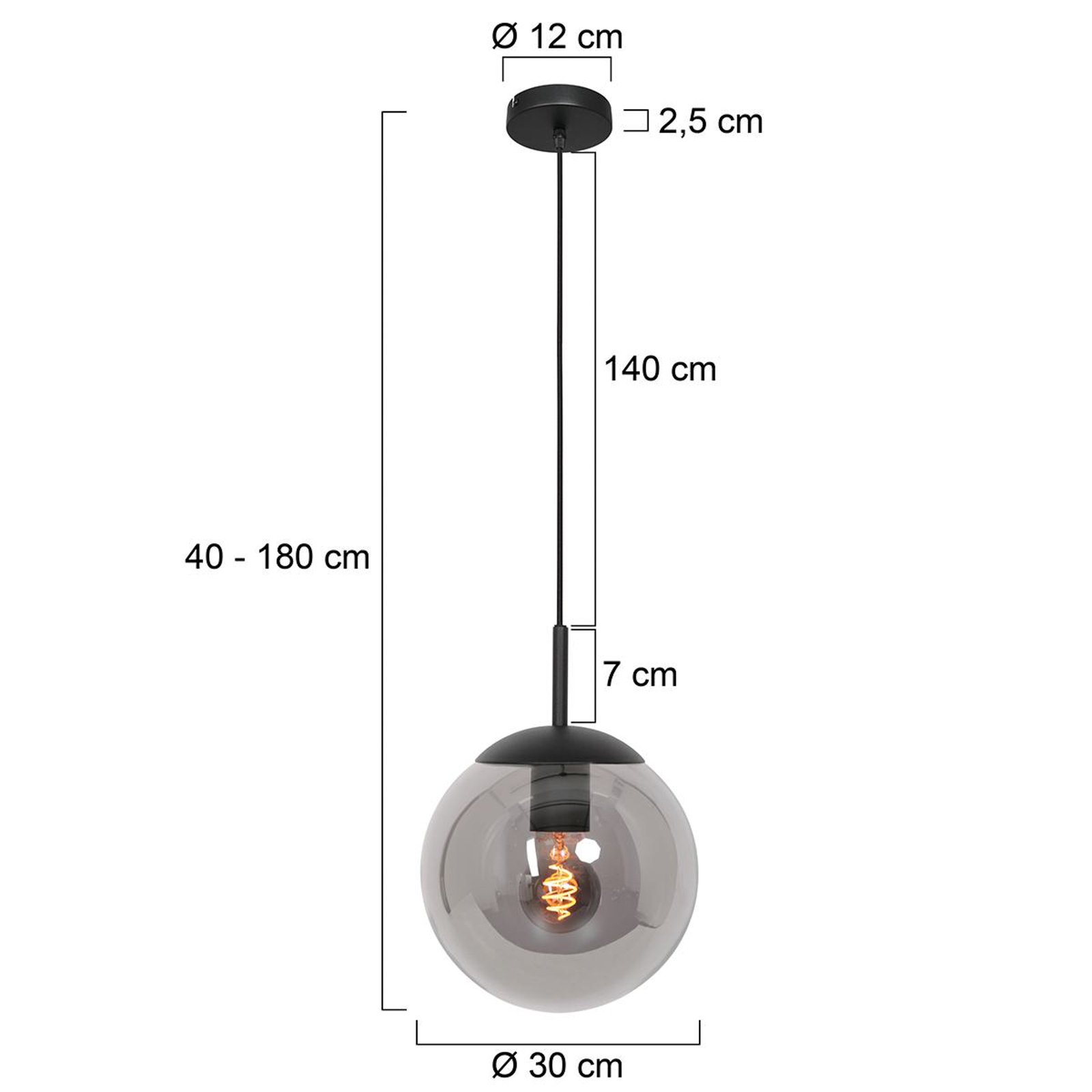 Závěsné svítidlo Bollique, černá barva, Ø 30 cm, sklo, 1 světlo, globus