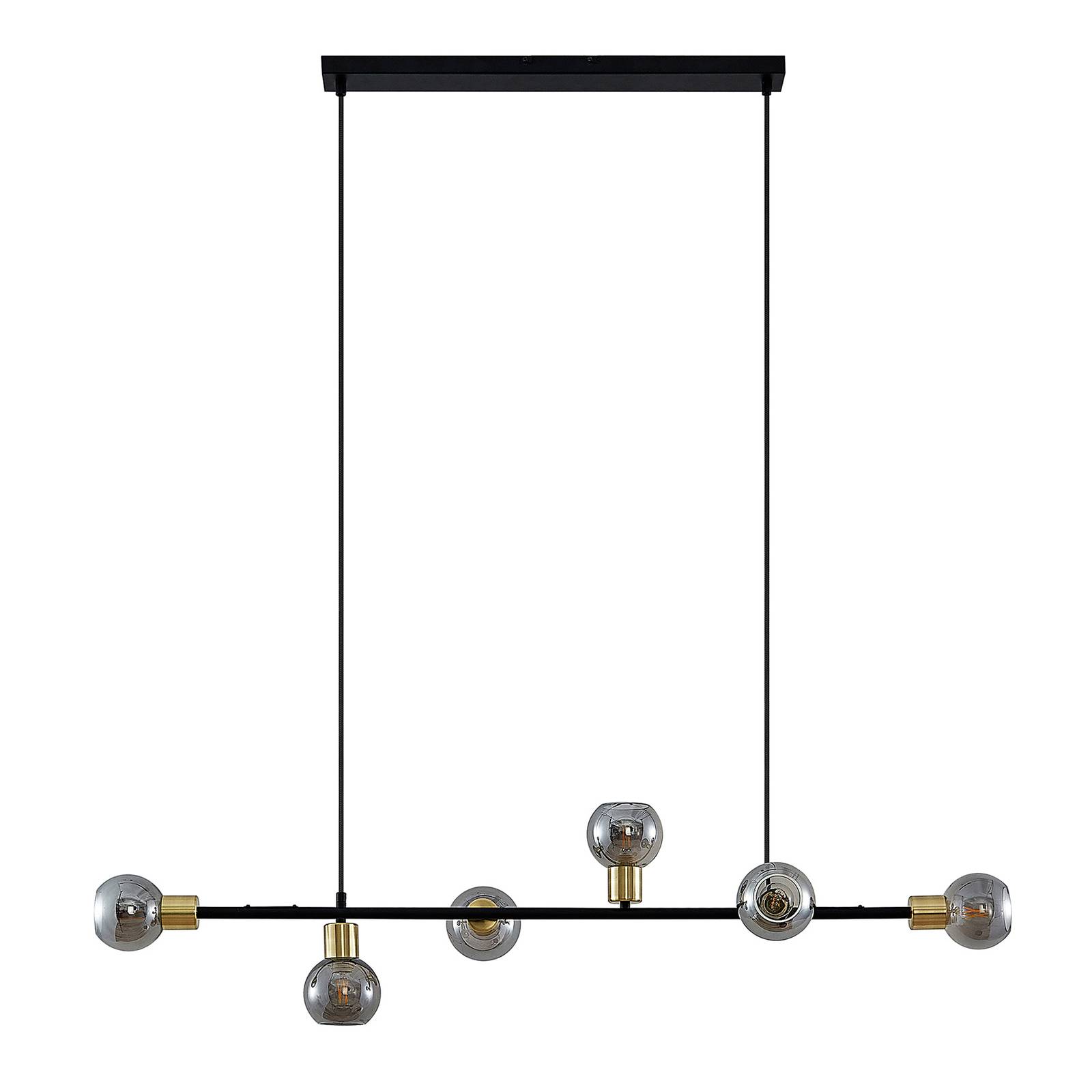 Lindby Biscala LED pendant light black/brass/smoke, for Living / Dining Room, steel, glass, E14, 4 W, L: 118 cm, W: 28 cm
