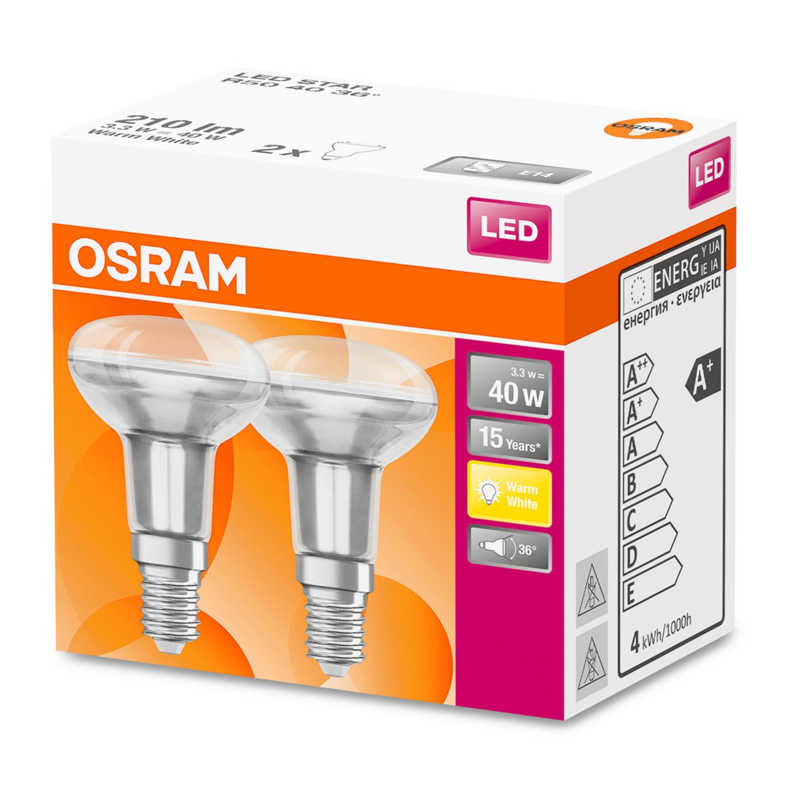 OSRAM-LED-heljastin E14 3,3W 2 700 K 36° 2 kpl