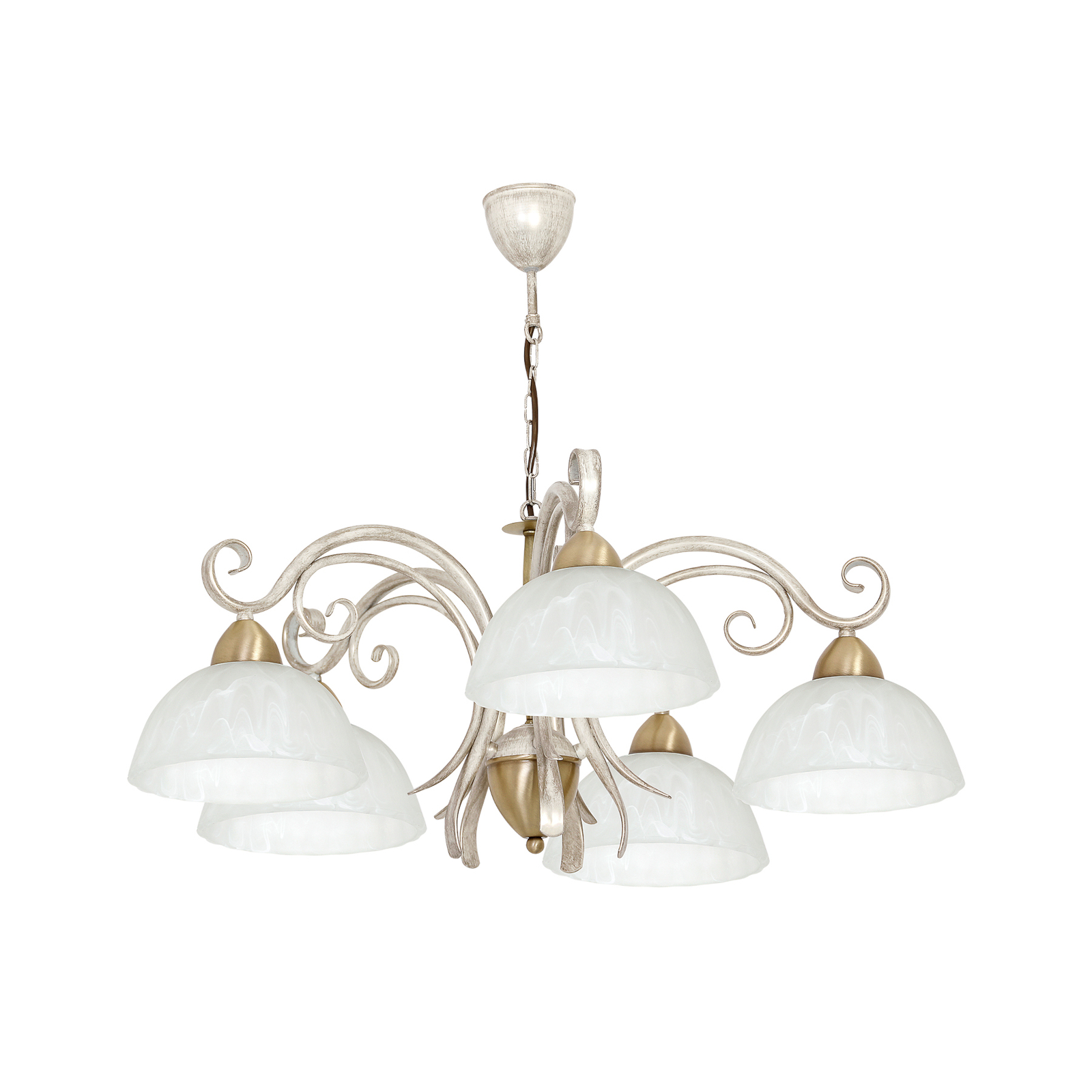 Flora chandelier, 5 glass lampshades, white/brass