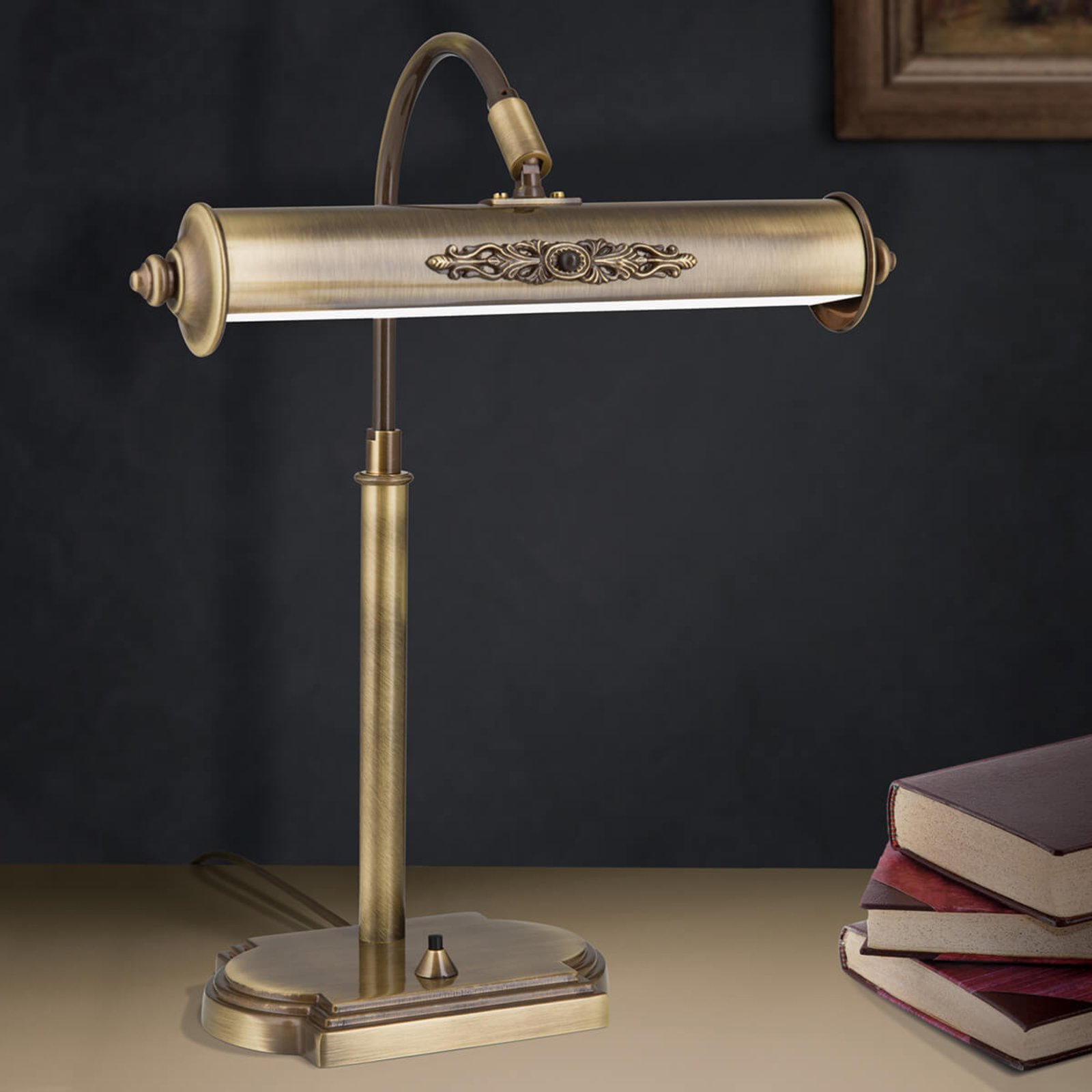 Lampa biurkowa Picture, postarzany mosiądz