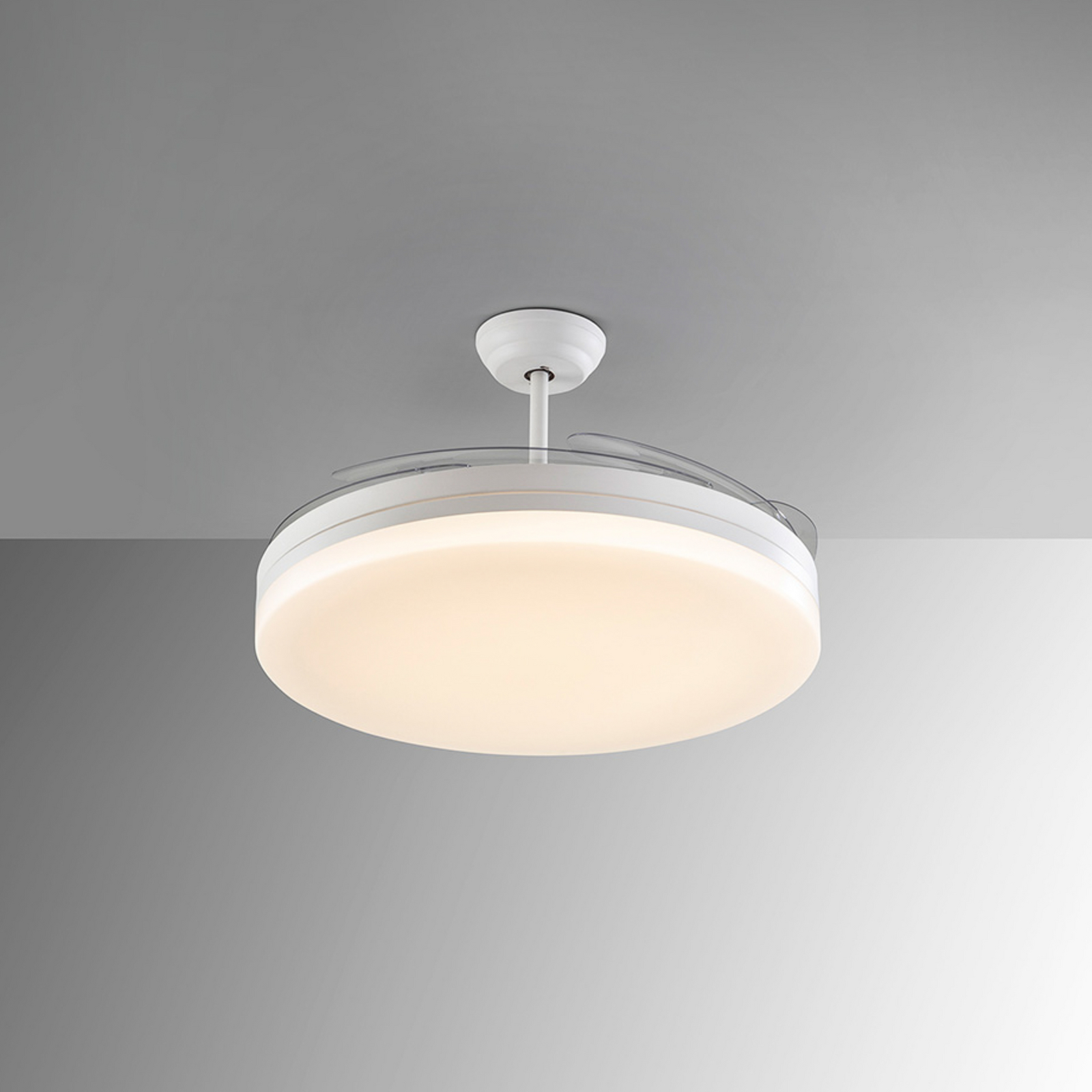 LED stropni ventilator Vento bel/prozoren, DC Ø 150 cm tih