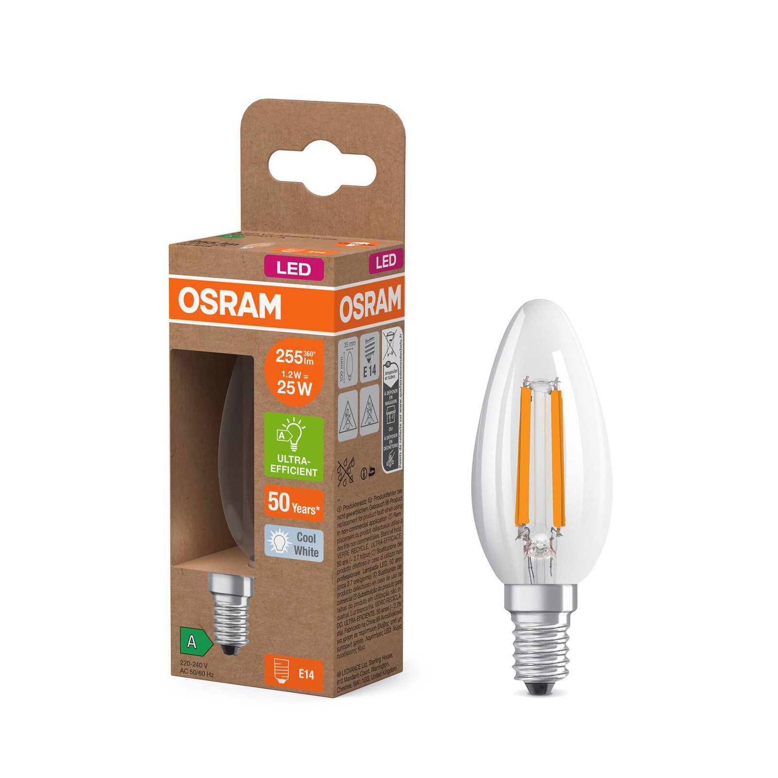 OSRAM LED lamp kaars gloeidraad E14 1.2W 4000K 255lm