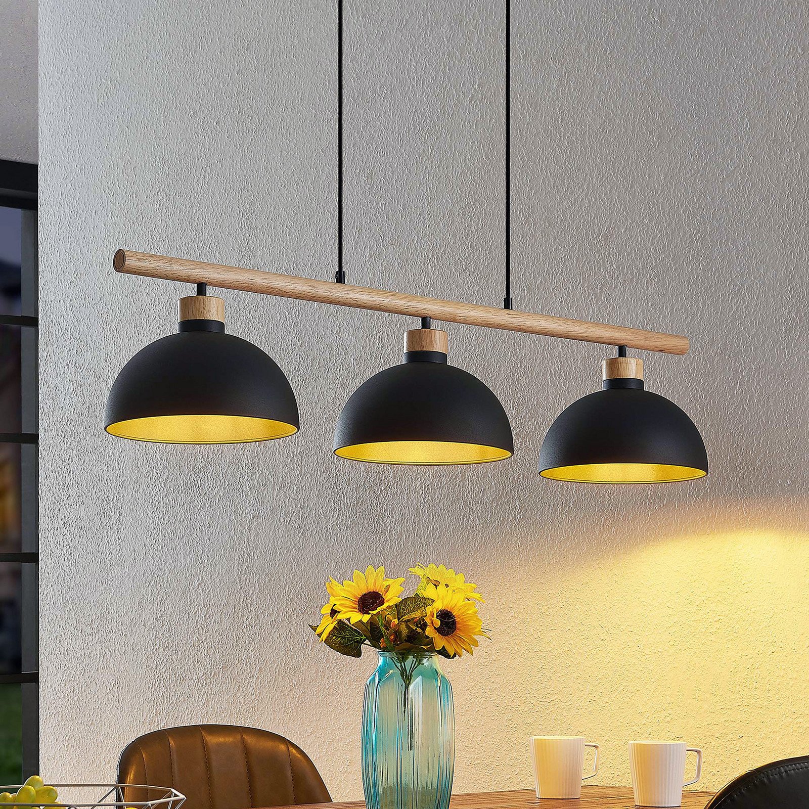 Lindby lampă suspendată Tirzana 3 becuri negru metal lemn - Camera de zi / sufragerie - Vintage - negru auriu lemn deschis